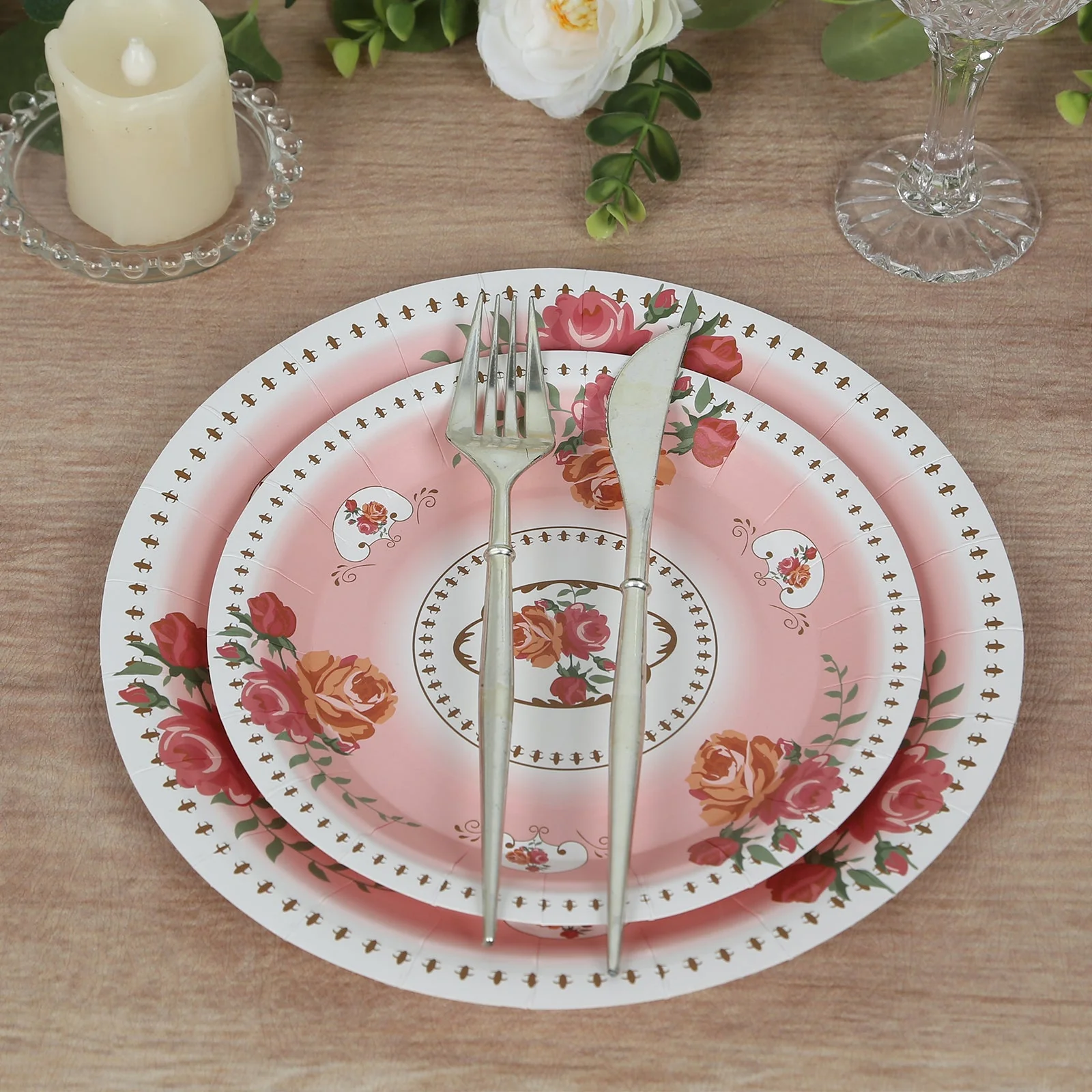 25-Pack Paper Round Dessert Plates 7" Dusty Rose with Vintage Rose Flower Print - Disposable Appetizer Salad Plates for High Tea Gatherings & Romantic Celebrations - Image 5