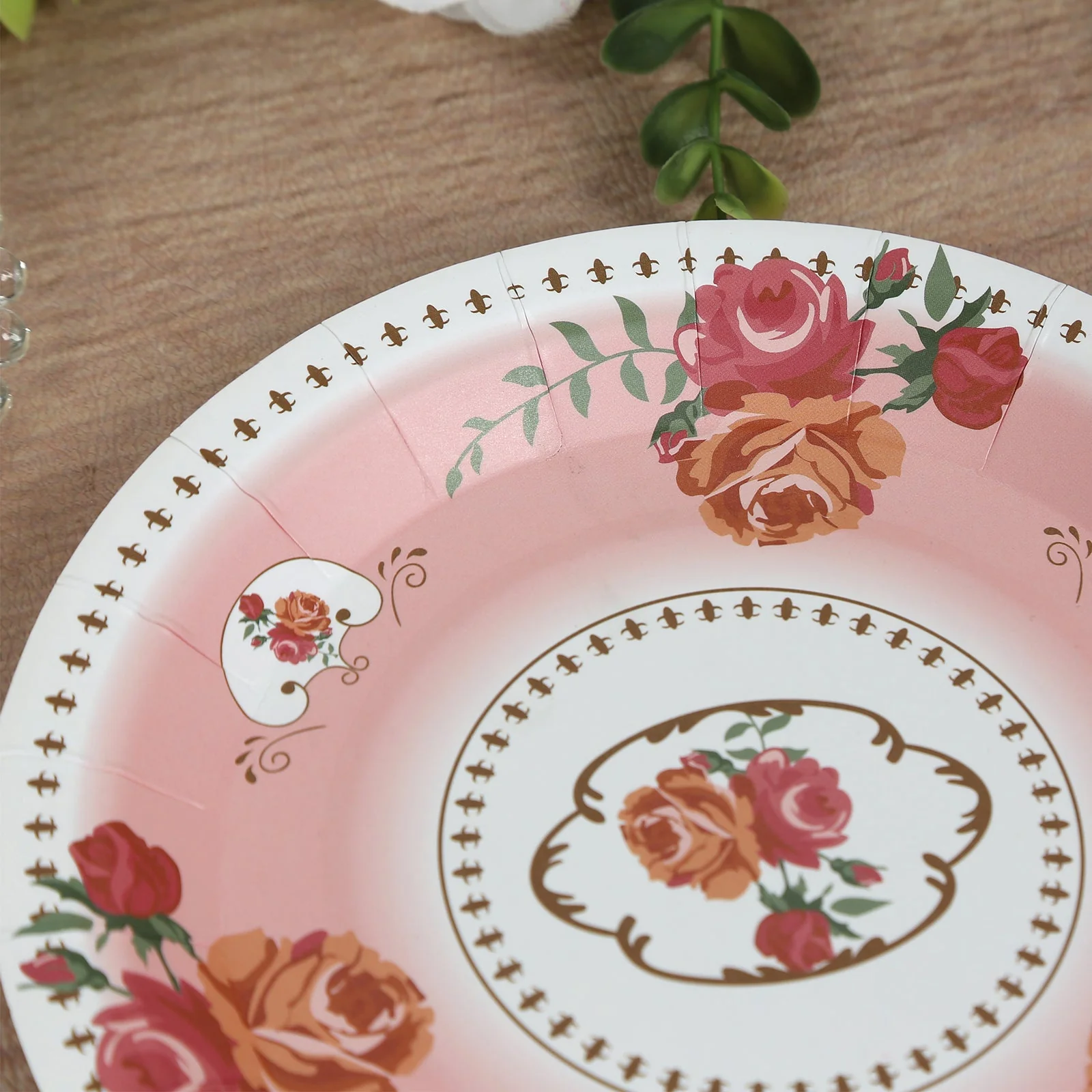 25-Pack Paper Round Dessert Plates 7" Dusty Rose with Vintage Rose Flower Print - Disposable Appetizer Salad Plates for High Tea Gatherings & Romantic Celebrations - Image 7