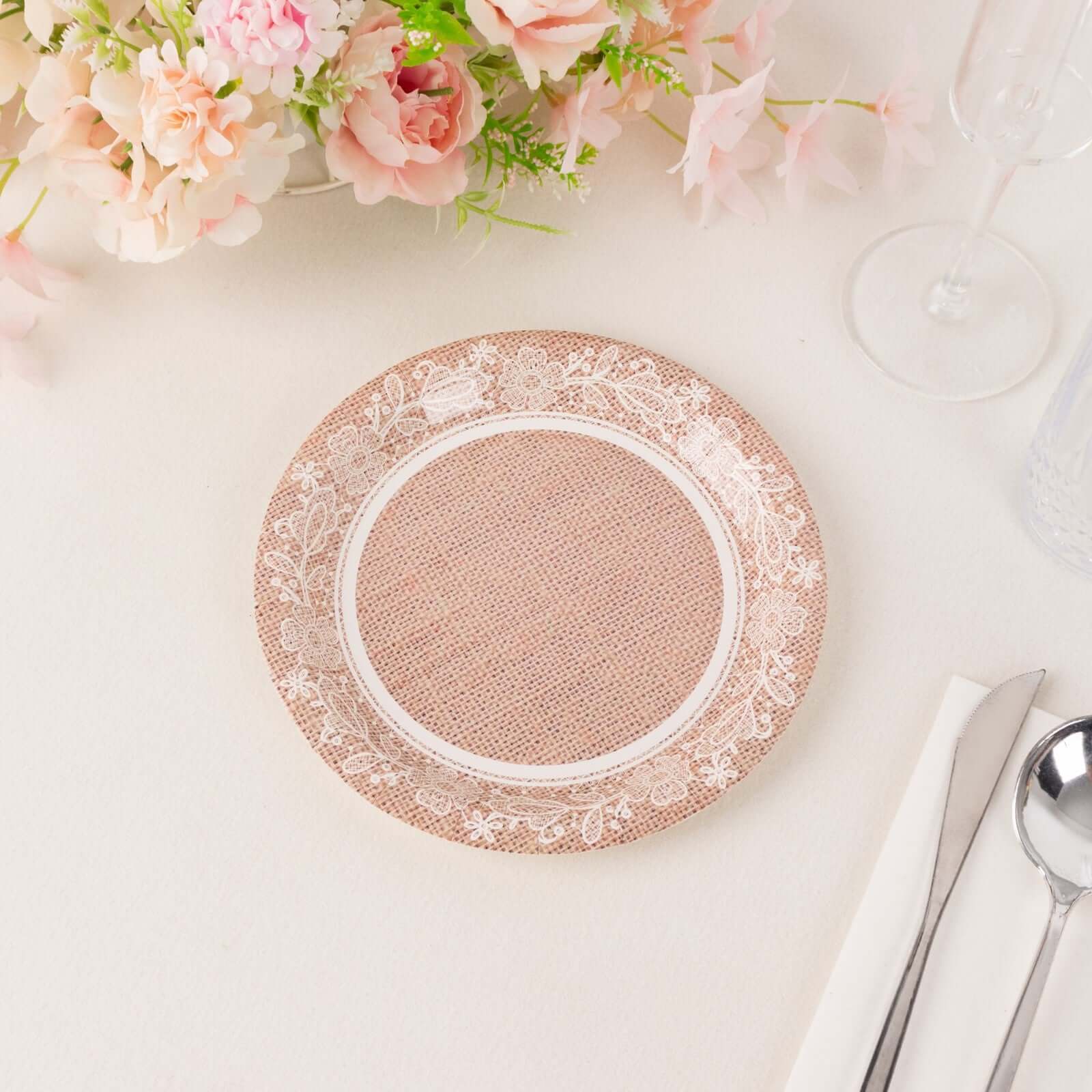 25-Pack Paper Round Dessert Plates 7" Natural Burlap Print with Floral Lace Rim - Disposable Rustic Appetizer Salad Plates for Farmhouse Themes & Celebrations - Image 6