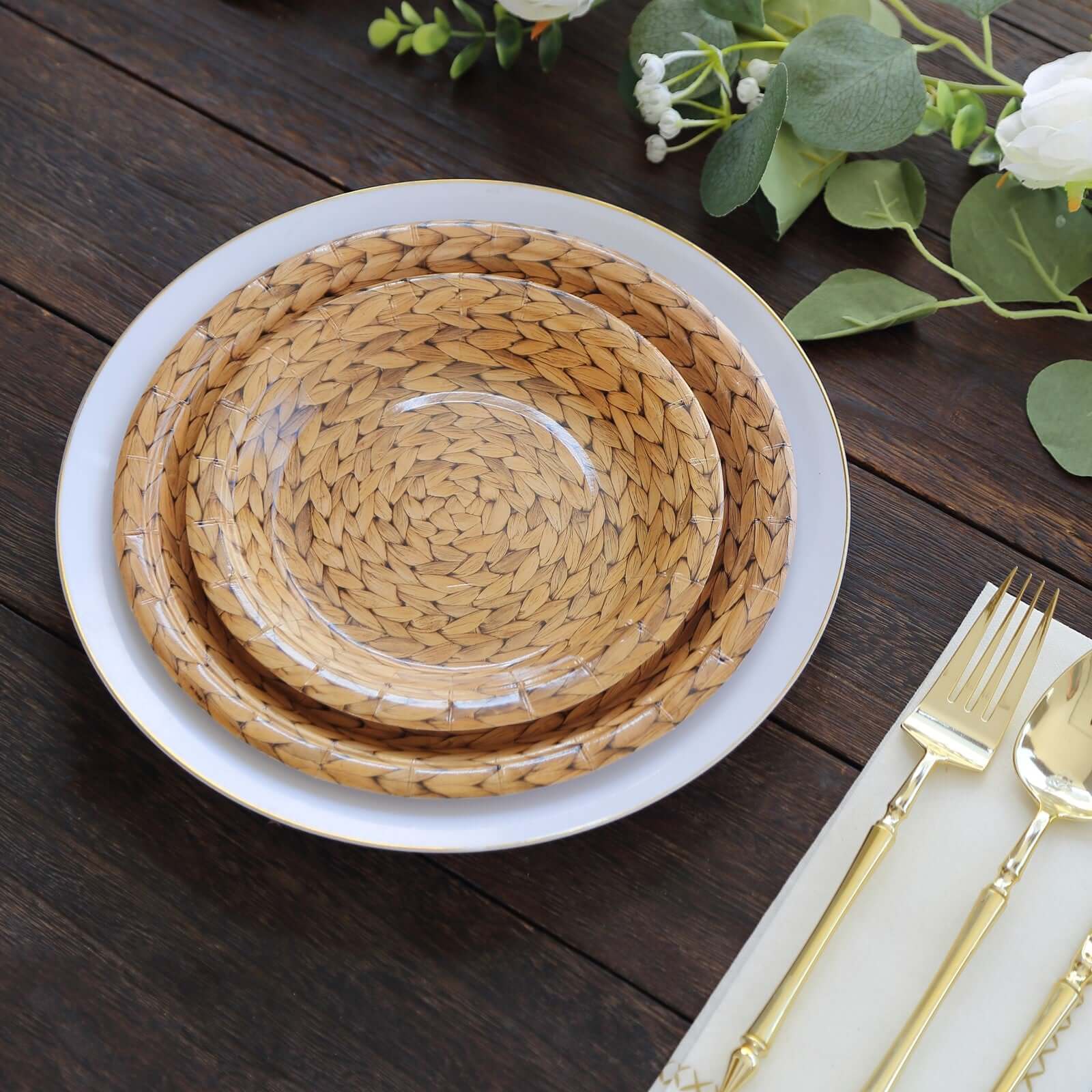 25-Pack Paper Round Dessert Plates 7" Natural with Woven Rattan Print - 300GSM Rustic Farmhouse Disposable Appetizer Salad Plates for Country Chic Celebrations - Image 2