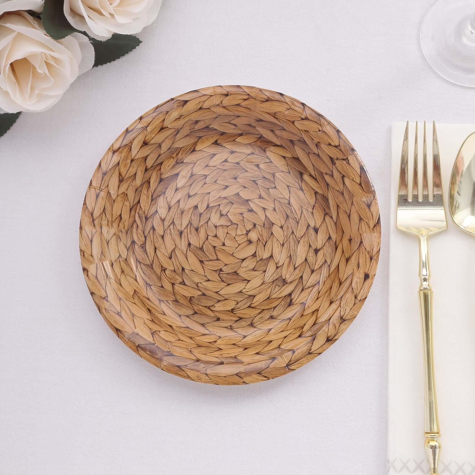 25-Pack Paper Round Dessert Plates 7" Natural with Woven Rattan Print - 300GSM Rustic Farmhouse Disposable Appetizer Salad Plates for Country Chic Celebrations - Image 4