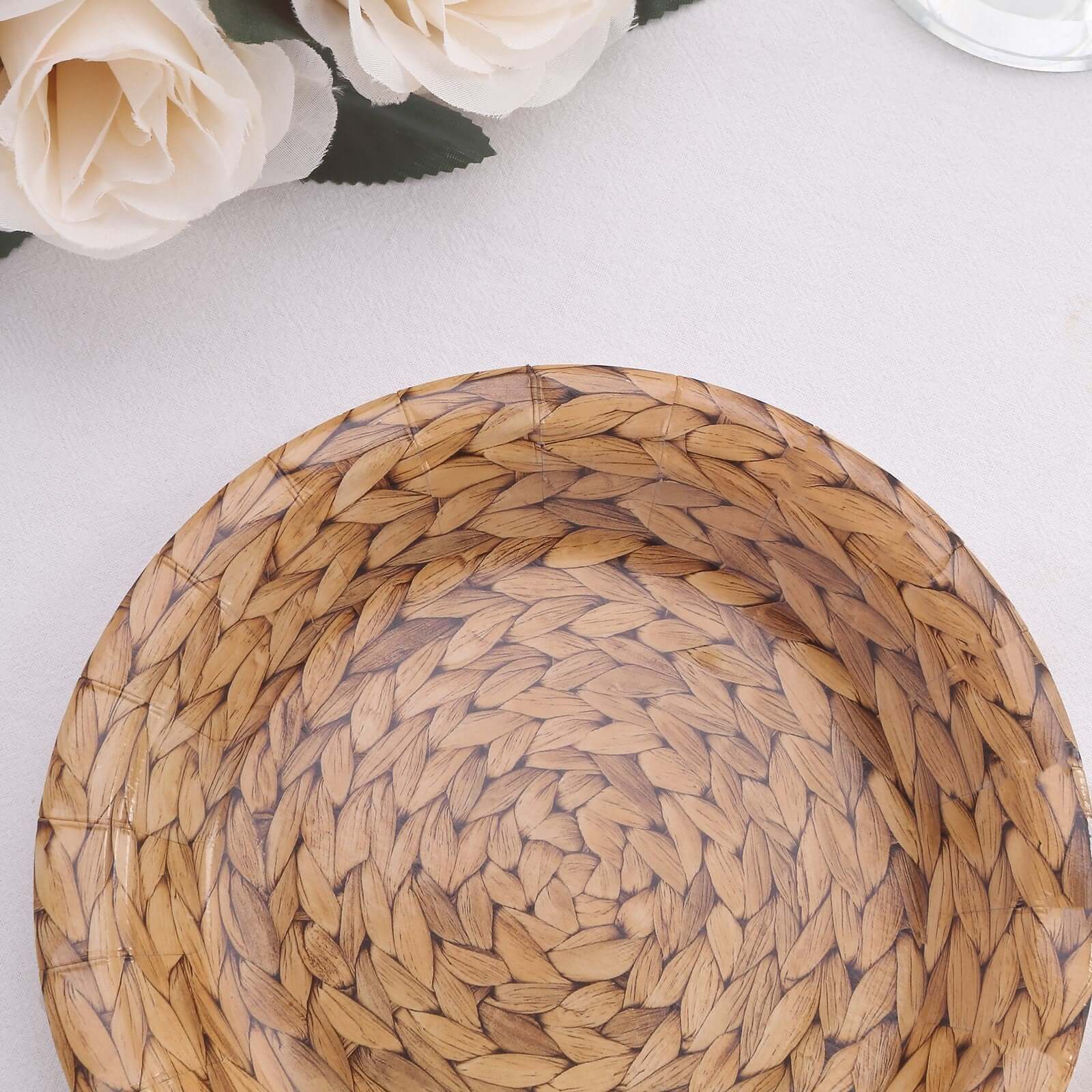 25-Pack Paper Round Dessert Plates 7" Natural with Woven Rattan Print - 300GSM Rustic Farmhouse Disposable Appetizer Salad Plates for Country Chic Celebrations - Image 8