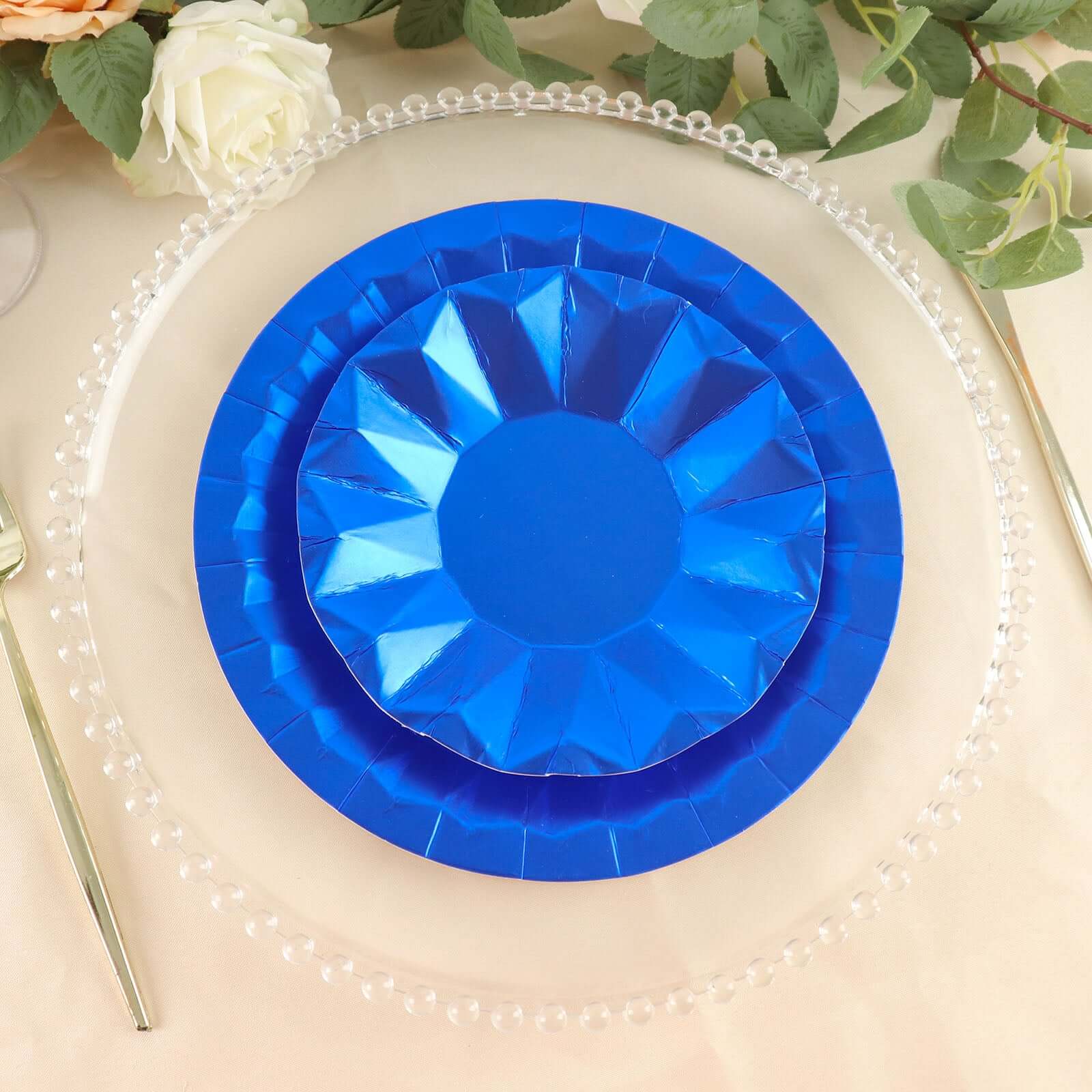 25-Pack Paper Round Dessert Plates 7" Royal Blue with Geometric Prism Rim - 400GSM Disposable Appetizer Salad Plates - Image 9