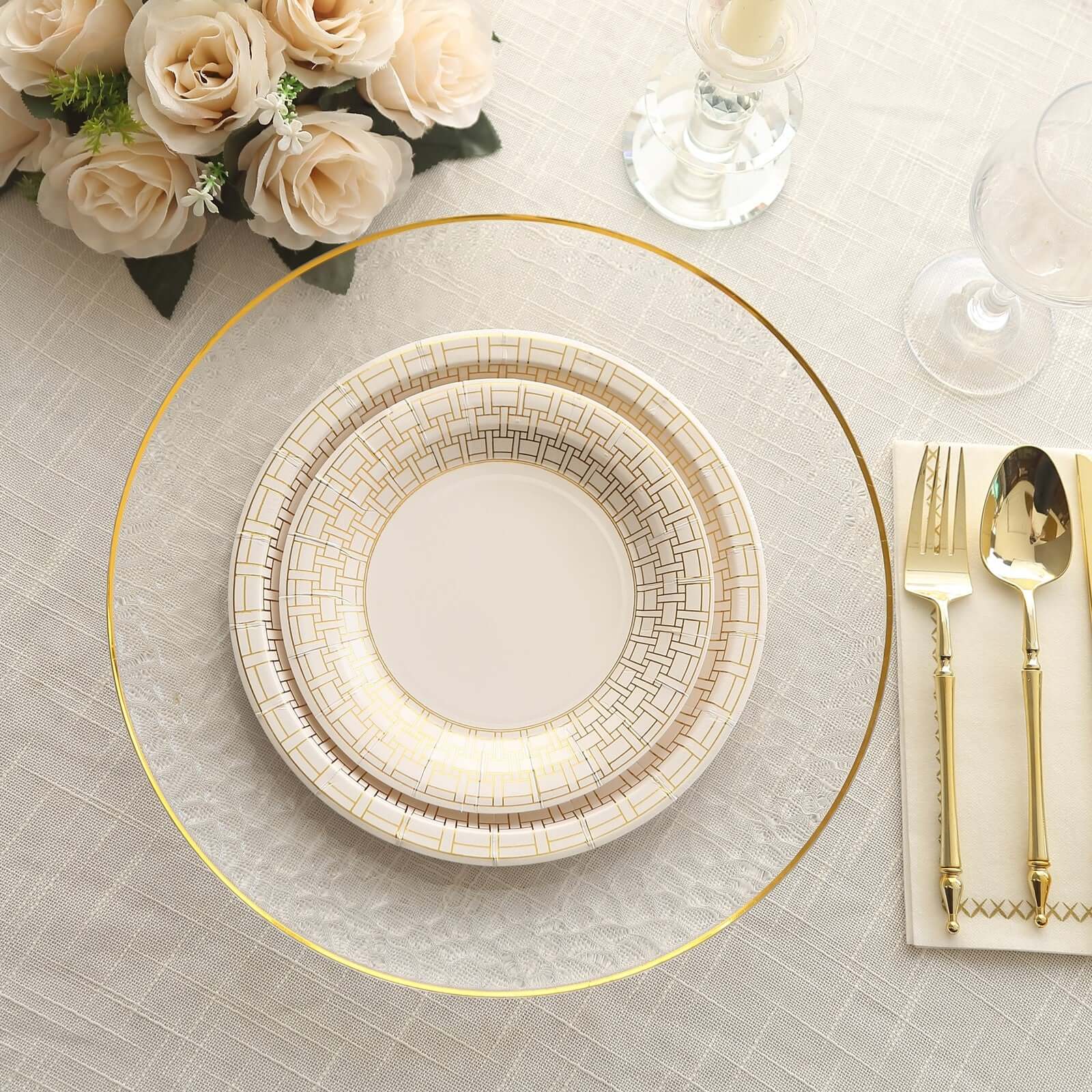25-Pack Paper Round Dessert Plates 7" White with Gold Basketweave Rim - Disposable Appetizer Salad Plates for Stylish Soirées & Festive Brunches - Image 2