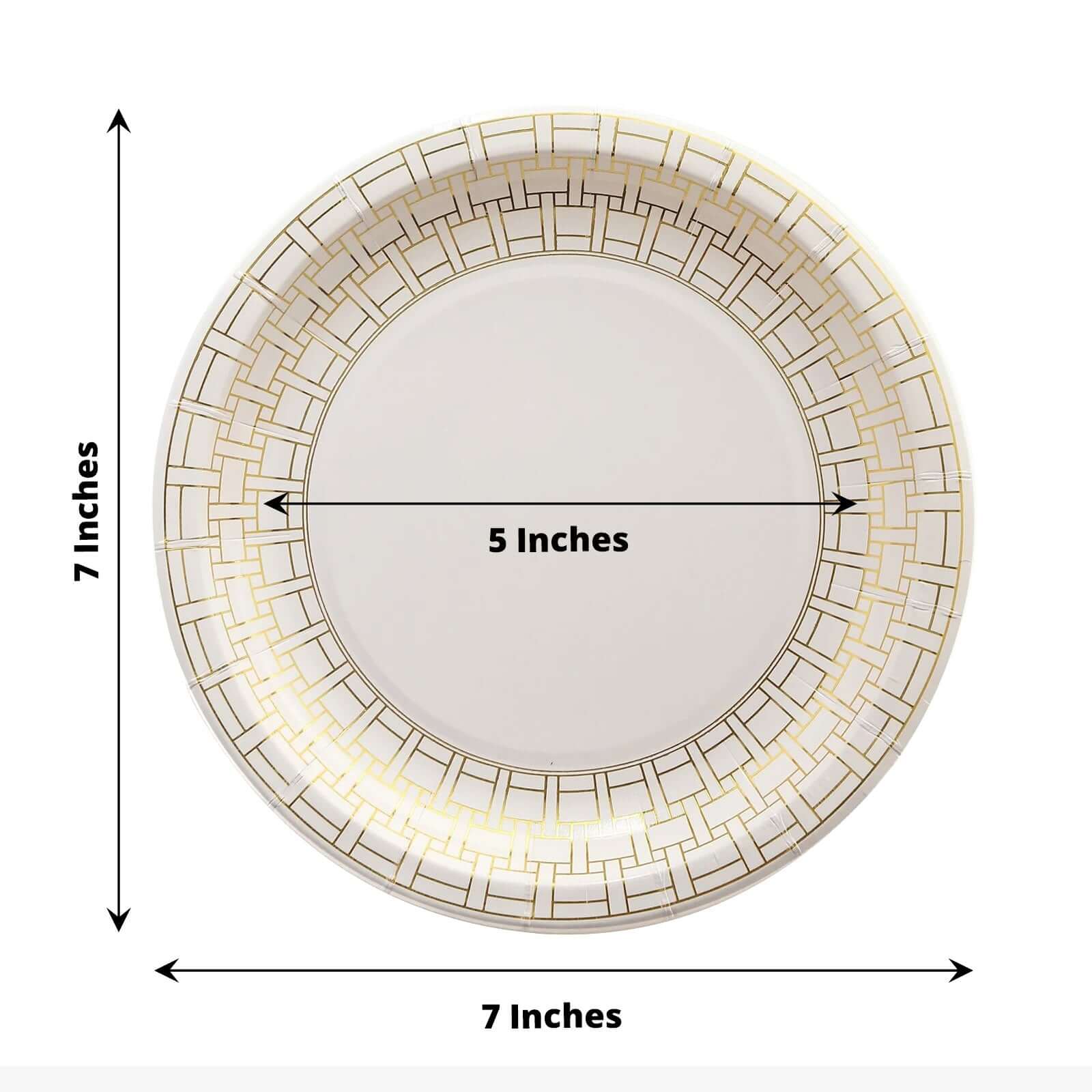 25-Pack Paper Round Dessert Plates 7" White with Gold Basketweave Rim - Disposable Appetizer Salad Plates for Stylish Soirées & Festive Brunches - Image 3