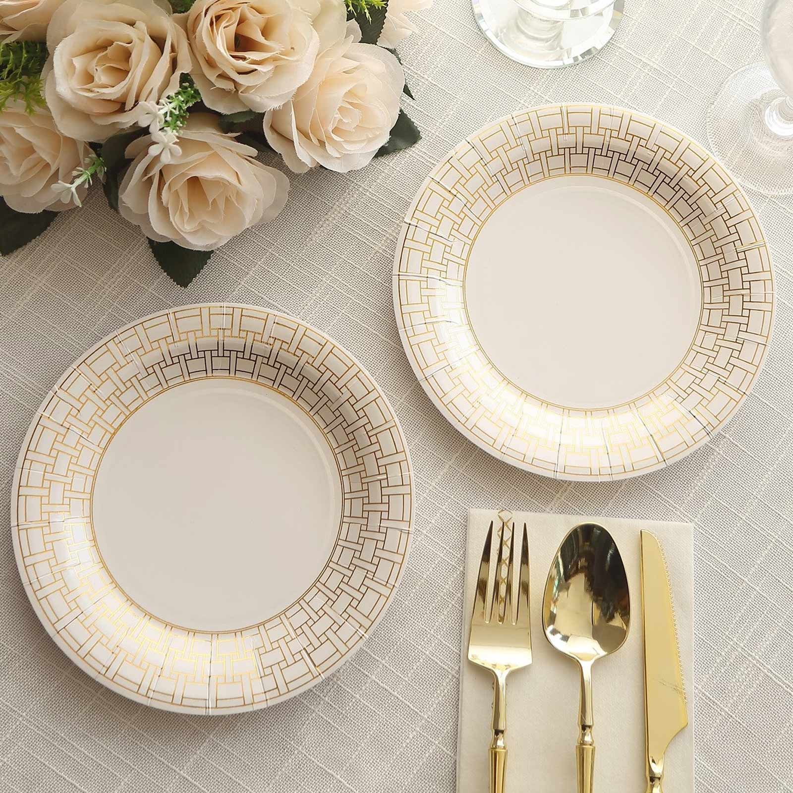 25-Pack Paper Round Dessert Plates 7" White with Gold Basketweave Rim - Disposable Appetizer Salad Plates for Stylish Soirées & Festive Brunches - Image 6