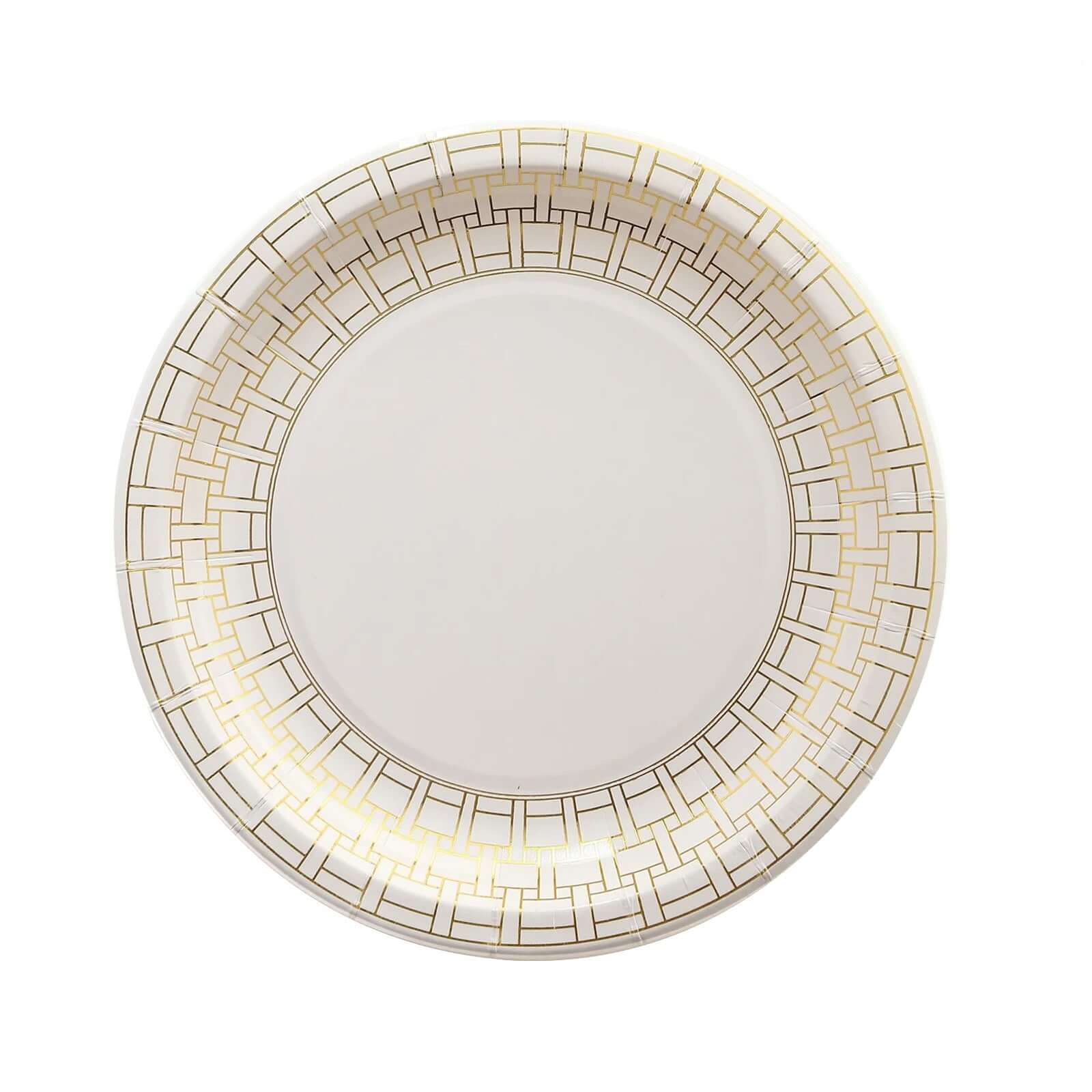 25-Pack Paper Round Dessert Plates 7" White with Gold Basketweave Rim - Disposable Appetizer Salad Plates for Stylish Soirées & Festive Brunches - Image 7