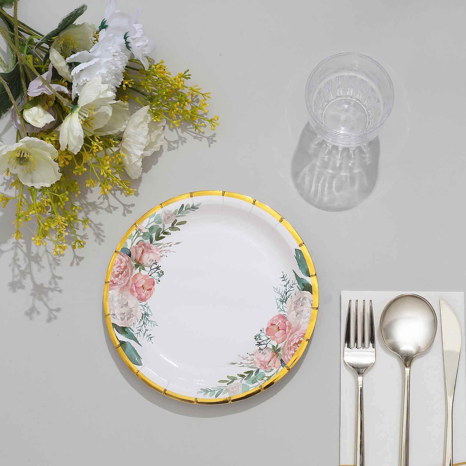 25-Pack Paper Round Dessert Plates 7" White with Peony Floral Design & Gold Rim - Disposable Salad Appetizer Plates for Garden Parties & Baby Showers - Image 10