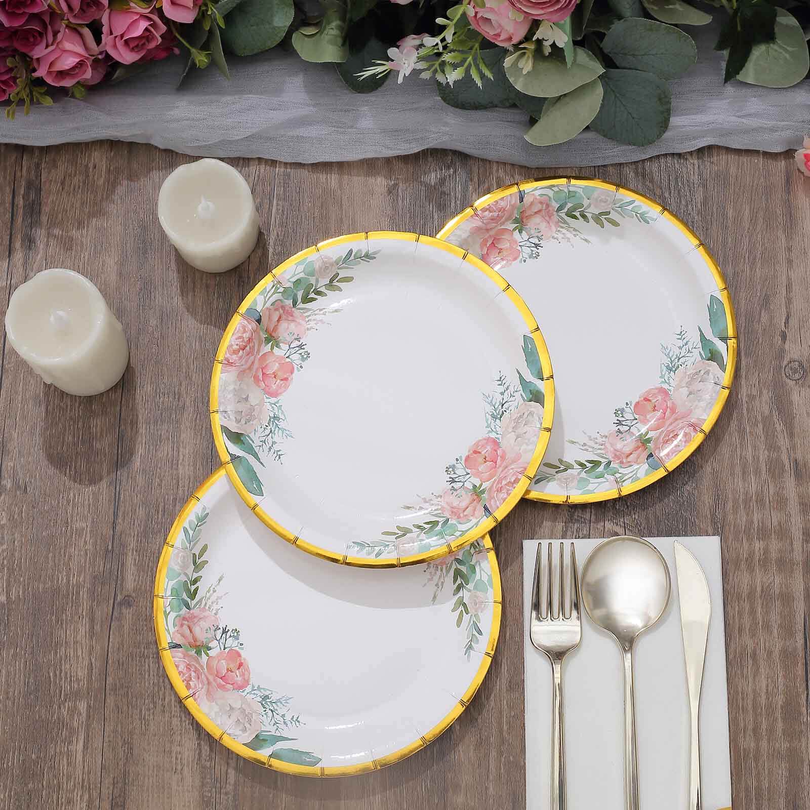 25-Pack Paper Round Dessert Plates 7" White with Peony Floral Design & Gold Rim - Disposable Salad Appetizer Plates for Garden Parties & Baby Showers - Image 11