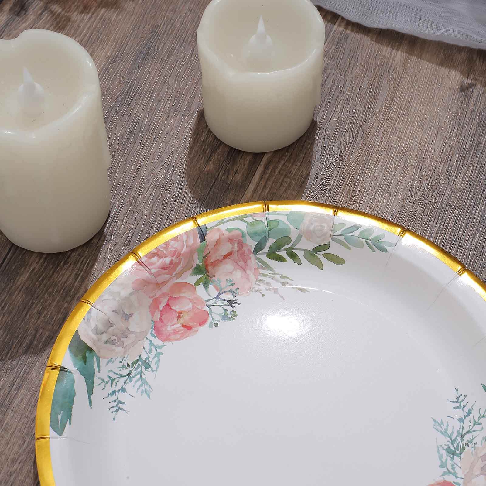 25-Pack Paper Round Dessert Plates 7" White with Peony Floral Design & Gold Rim - Disposable Salad Appetizer Plates for Garden Parties & Baby Showers - Image 12