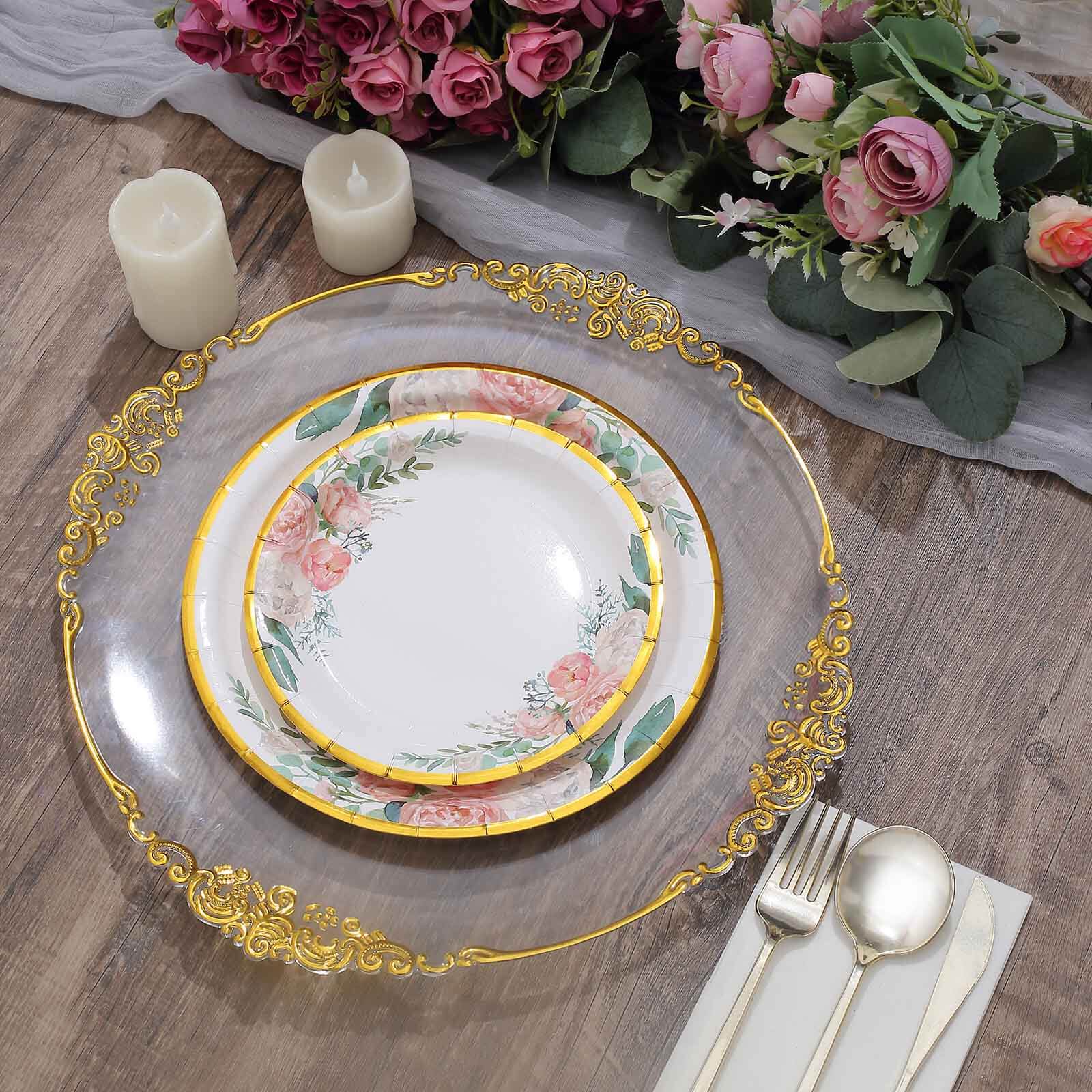25-Pack Paper Round Dessert Plates 7" White with Peony Floral Design & Gold Rim - Disposable Salad Appetizer Plates for Garden Parties & Baby Showers - Image 2