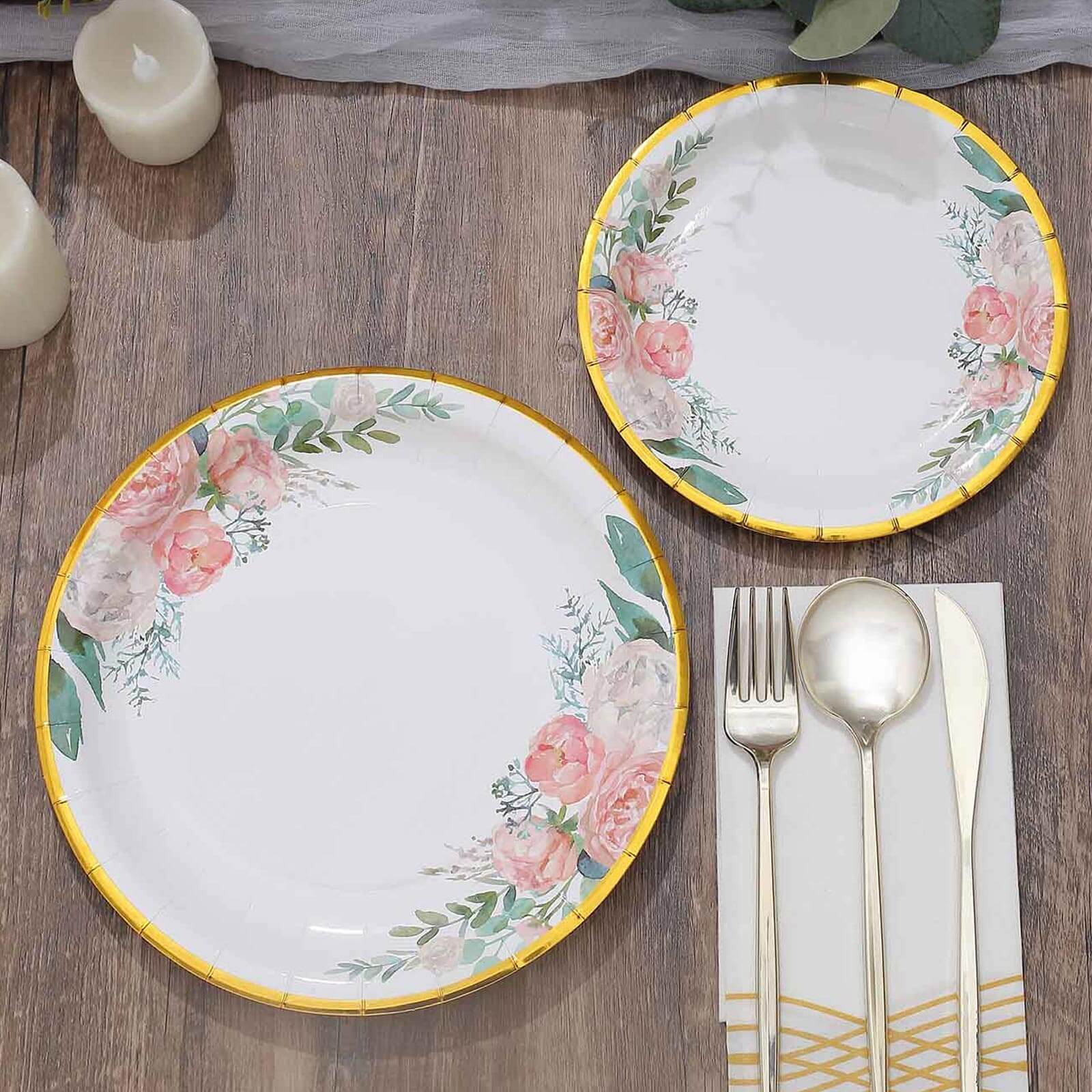 25-Pack Paper Round Dessert Plates 7" White with Peony Floral Design & Gold Rim - Disposable Salad Appetizer Plates for Garden Parties & Baby Showers - Image 6