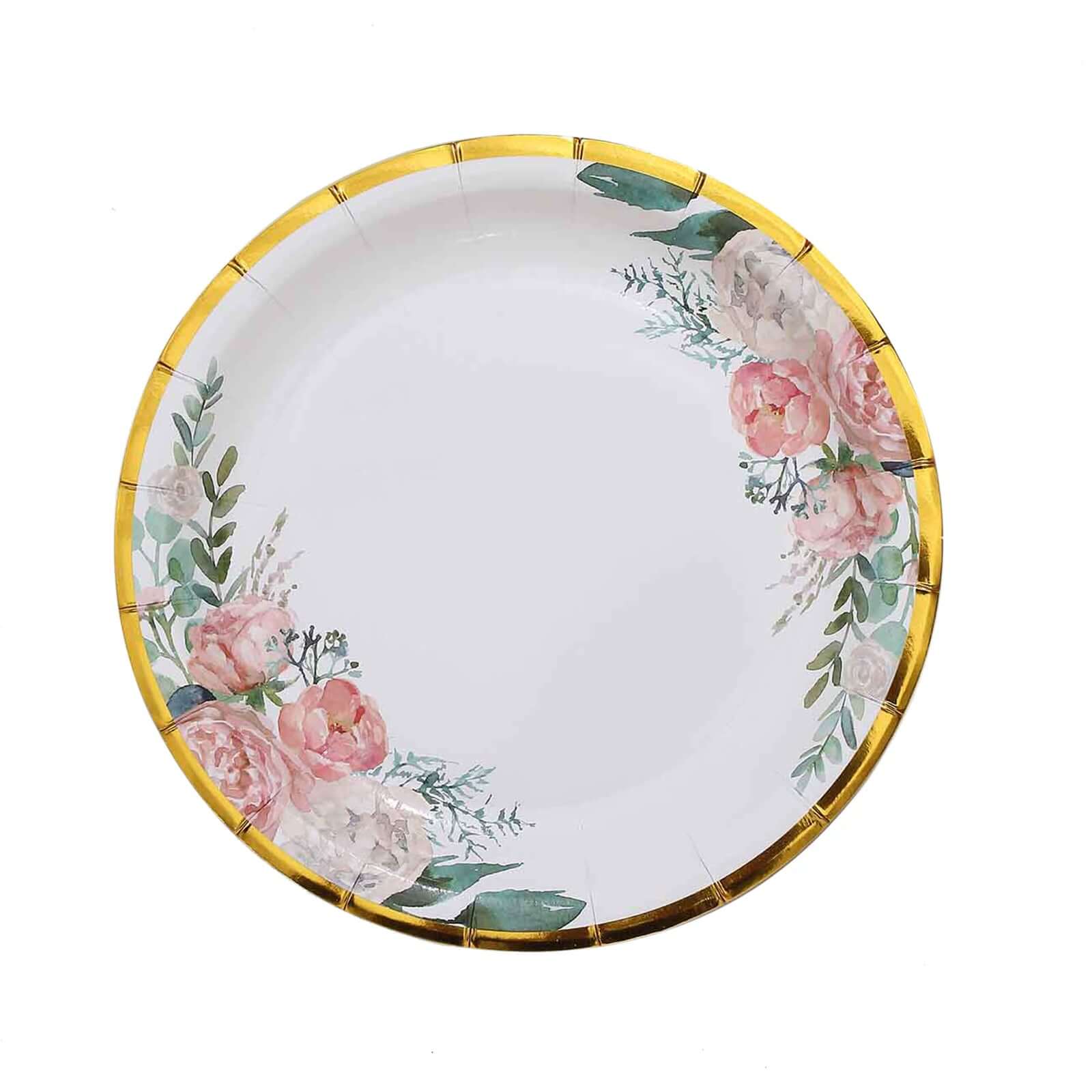 25-Pack Paper Round Dessert Plates 7" White with Peony Floral Design & Gold Rim - Disposable Salad Appetizer Plates for Garden Parties & Baby Showers - Image 7