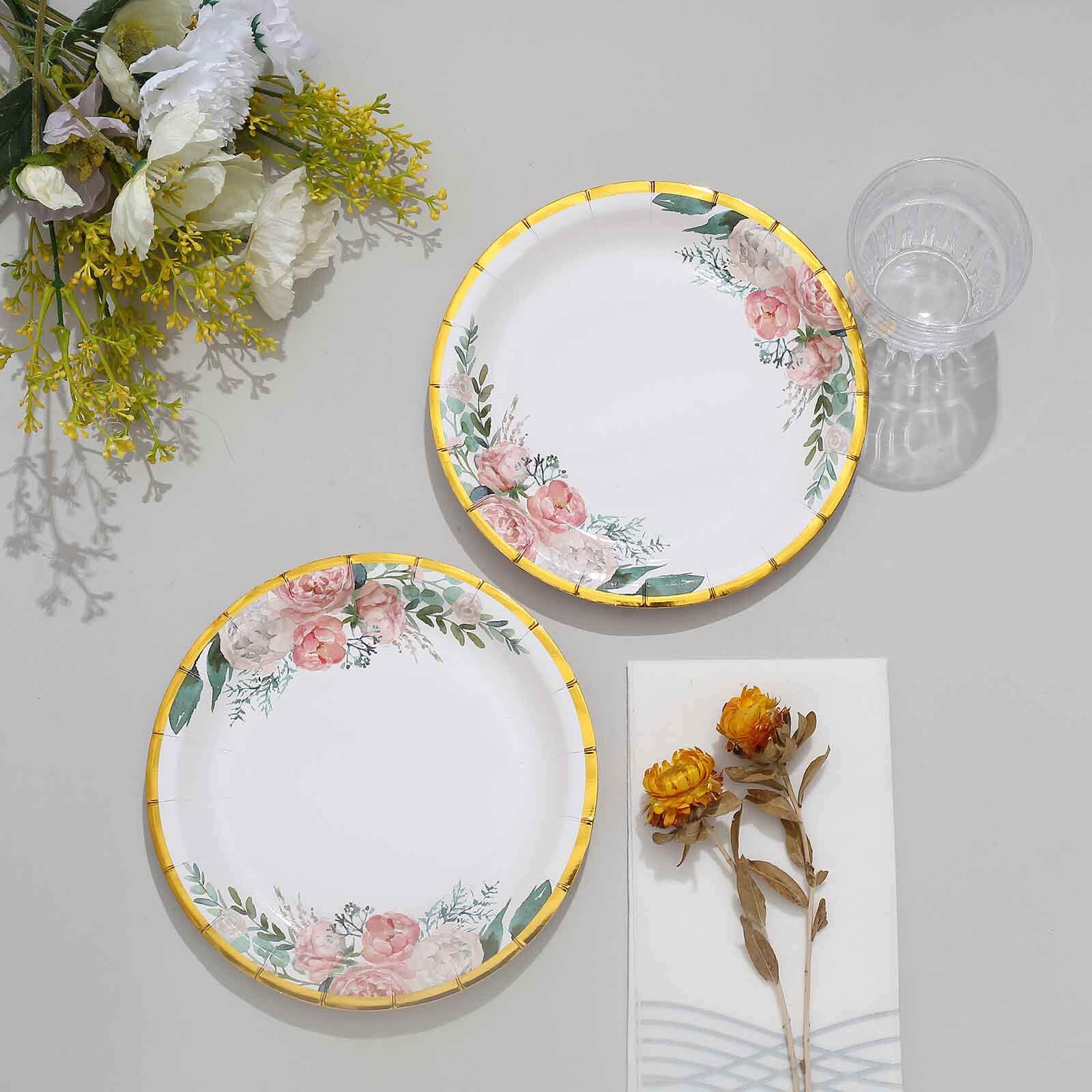 25-Pack Paper Round Dessert Plates 7" White with Peony Floral Design & Gold Rim - Disposable Salad Appetizer Plates for Garden Parties & Baby Showers - Image 9