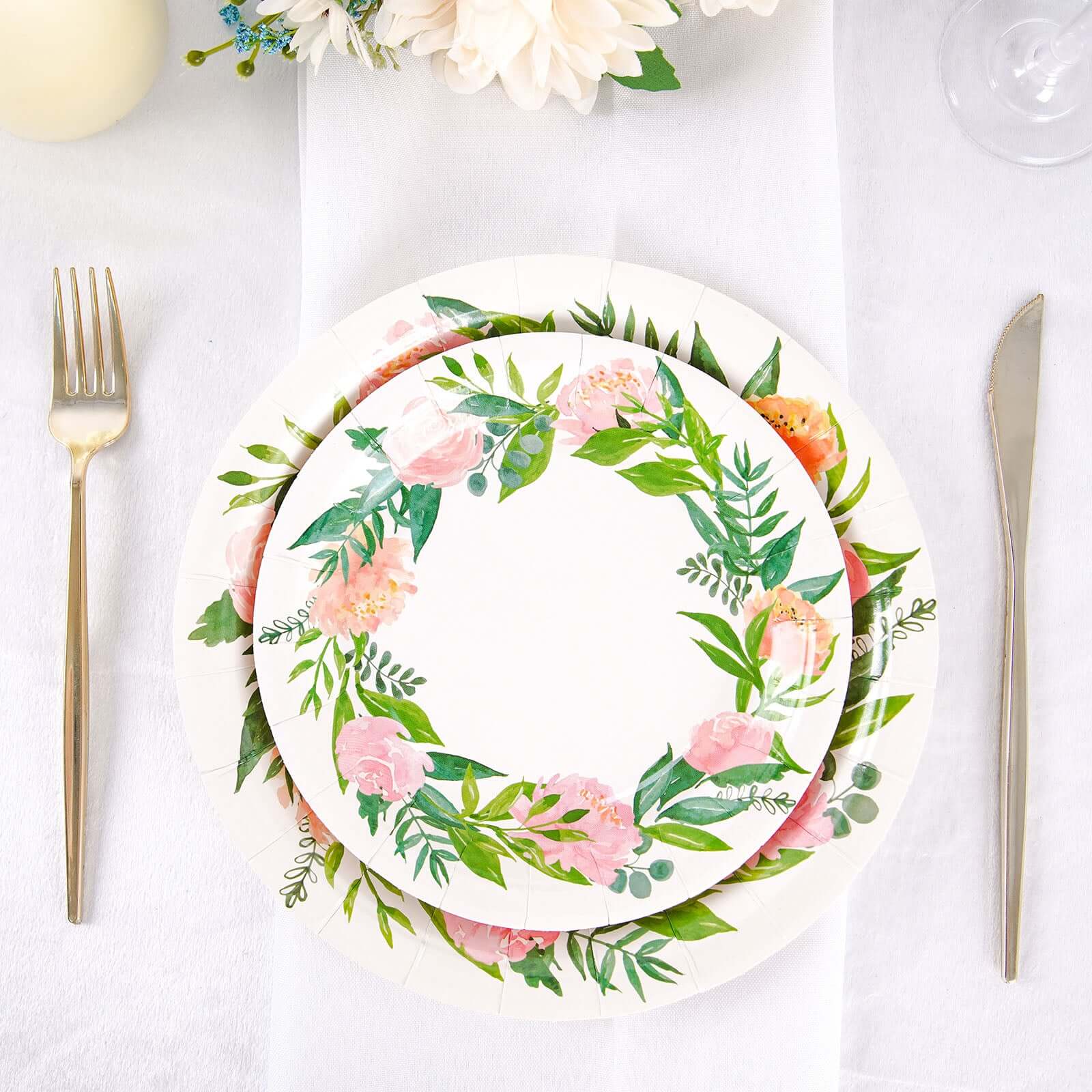 25-Pack Paper Round Dessert Plates 7" White with Rose/Peony Flower Wreath - Disposable Appetizer Salad Plates for Bridal Showers & Garden Parties