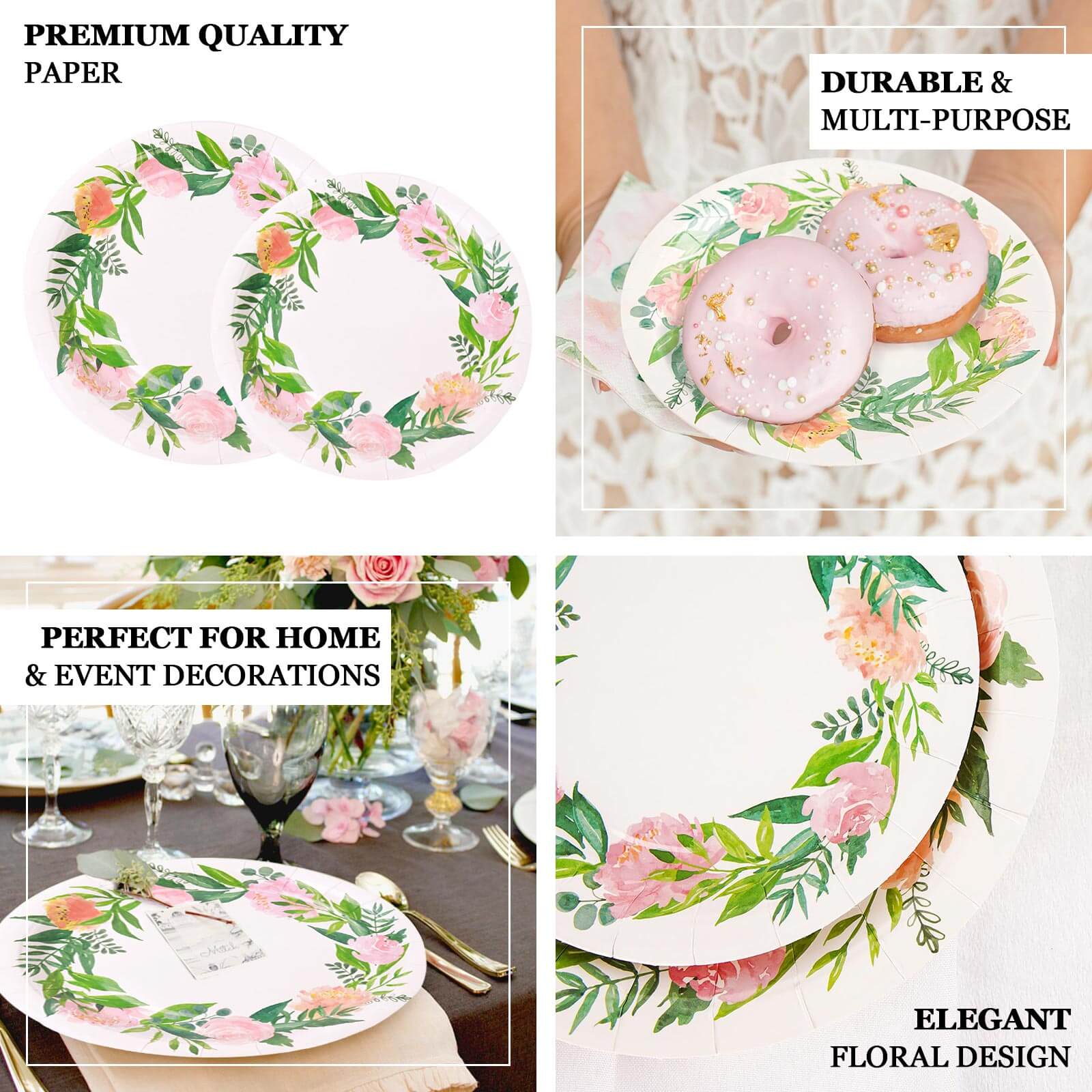25-Pack Paper Round Dessert Plates 7" White with Rose/Peony Flower Wreath - Disposable Appetizer Salad Plates for Bridal Showers & Garden Parties - Image 5