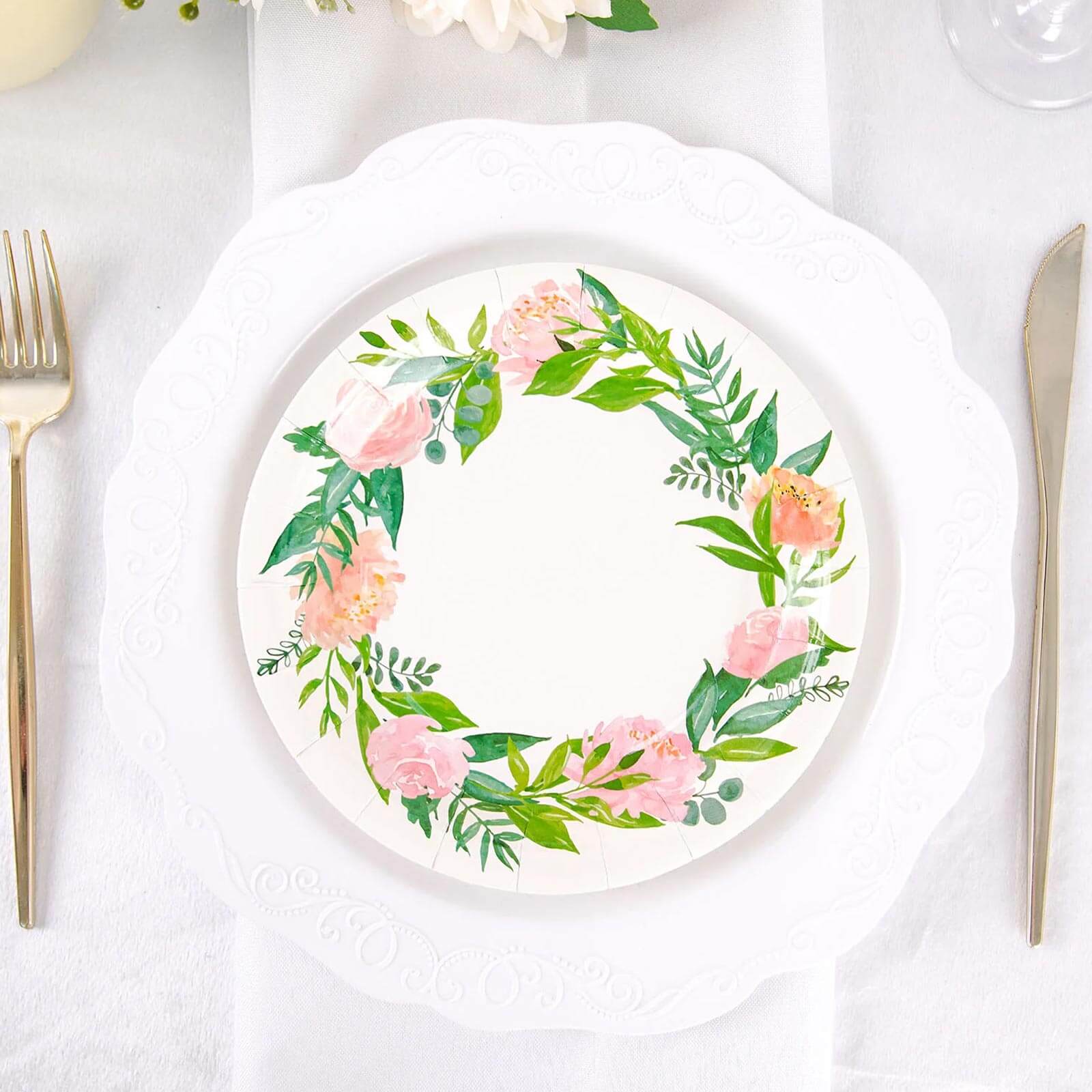 25-Pack Paper Round Dessert Plates 7" White with Rose/Peony Flower Wreath - Disposable Appetizer Salad Plates for Bridal Showers & Garden Parties - Image 6