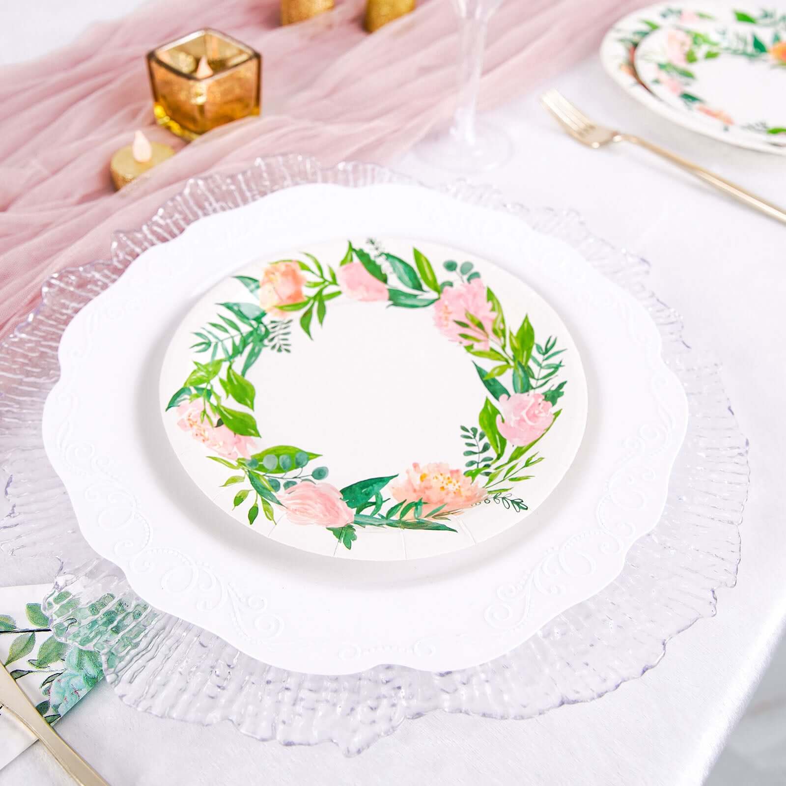 25-Pack Paper Round Dessert Plates 7" White with Rose/Peony Flower Wreath - Disposable Appetizer Salad Plates for Bridal Showers & Garden Parties - Image 7