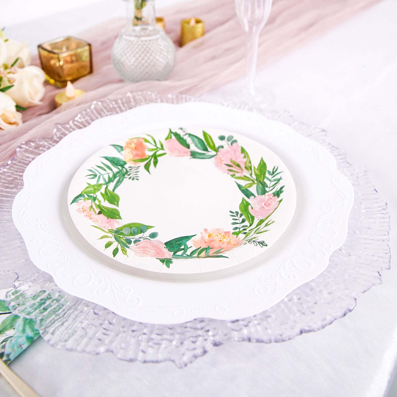 25-Pack Paper Round Dessert Plates 7" White with Rose/Peony Flower Wreath - Disposable Appetizer Salad Plates for Bridal Showers & Garden Parties - Image 8