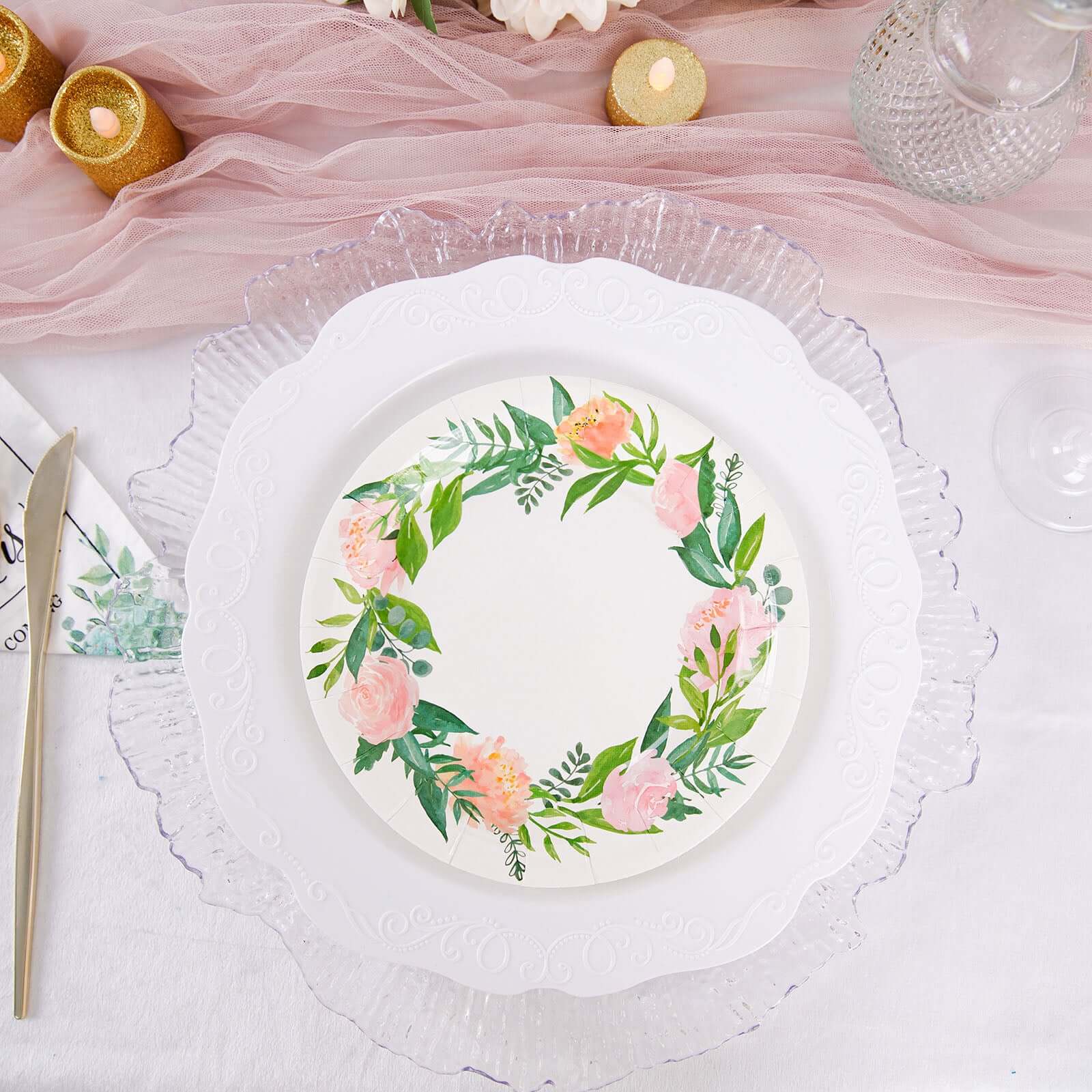 25-Pack Paper Round Dessert Plates 7" White with Rose/Peony Flower Wreath - Disposable Appetizer Salad Plates for Bridal Showers & Garden Parties - Image 9