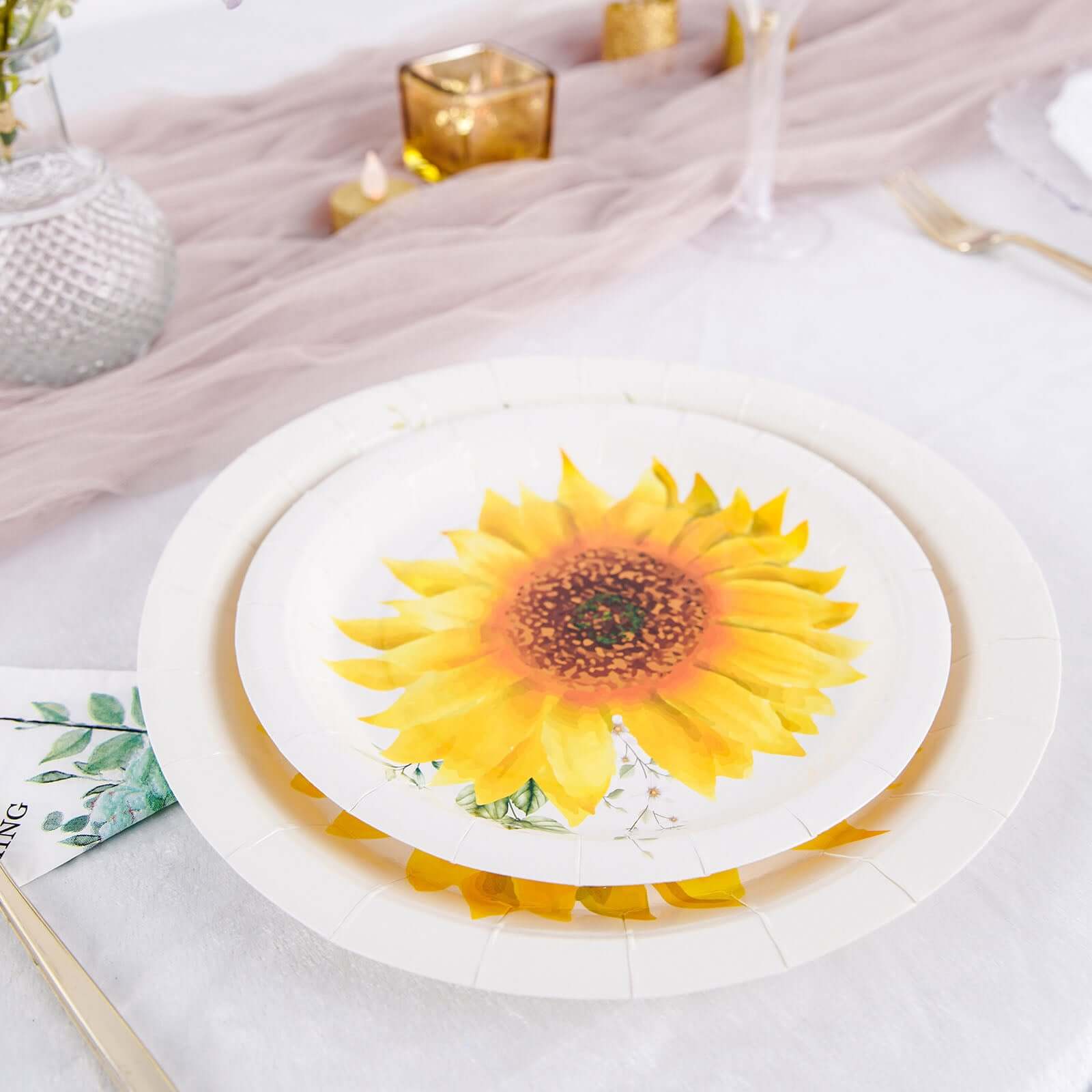 25-Pack Paper Round Dessert Plates 7" White with Sunflower Design - Disposable Salad Plates for Weddings & Bridal Showers - Image 7
