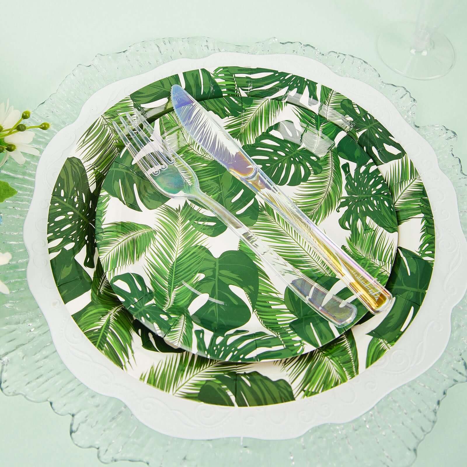 25-Pack Paper Round Dessert Plates 7" White with Tropical Palm Leaf Design - 300GSM Disposable Appetizer Salad Plates for Luau & Summer Gatherings