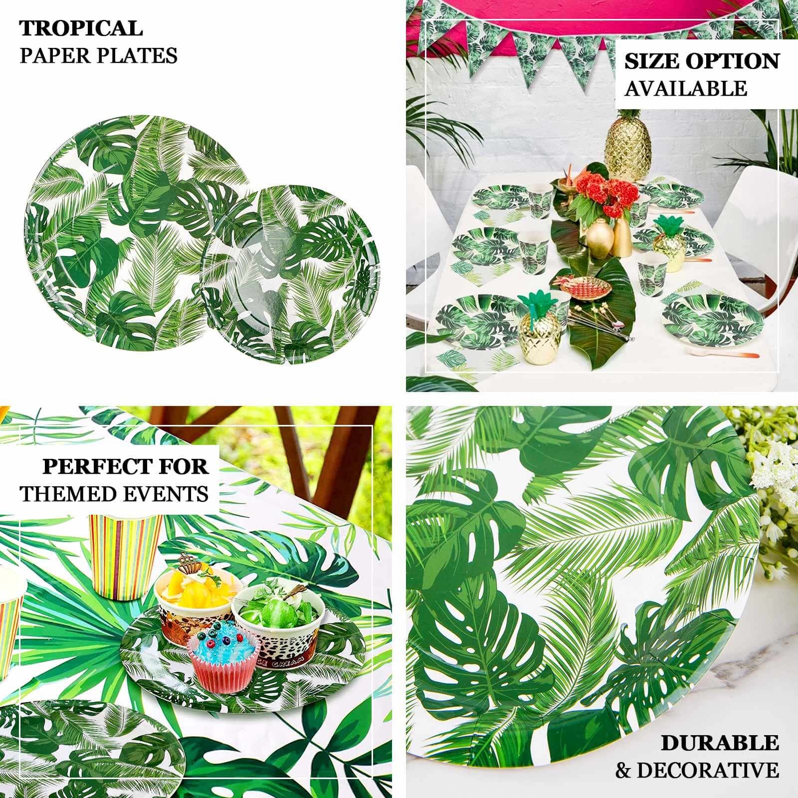 25-Pack Paper Round Dessert Plates 7" White with Tropical Palm Leaf Design - 300GSM Disposable Appetizer Salad Plates for Luau & Summer Gatherings - Image 4