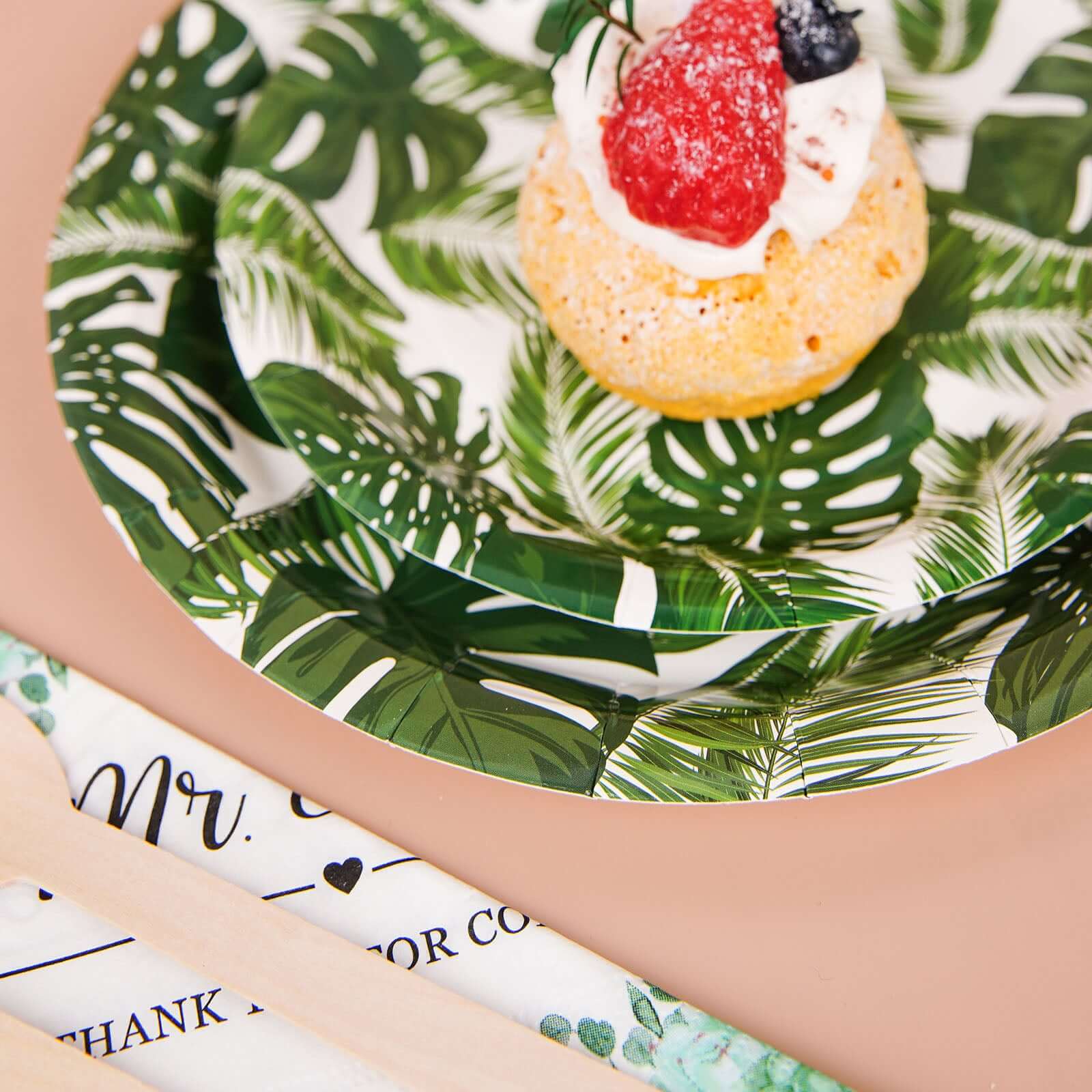 25-Pack Paper Round Dessert Plates 7" White with Tropical Palm Leaf Design - 300GSM Disposable Appetizer Salad Plates for Luau & Summer Gatherings - Image 8