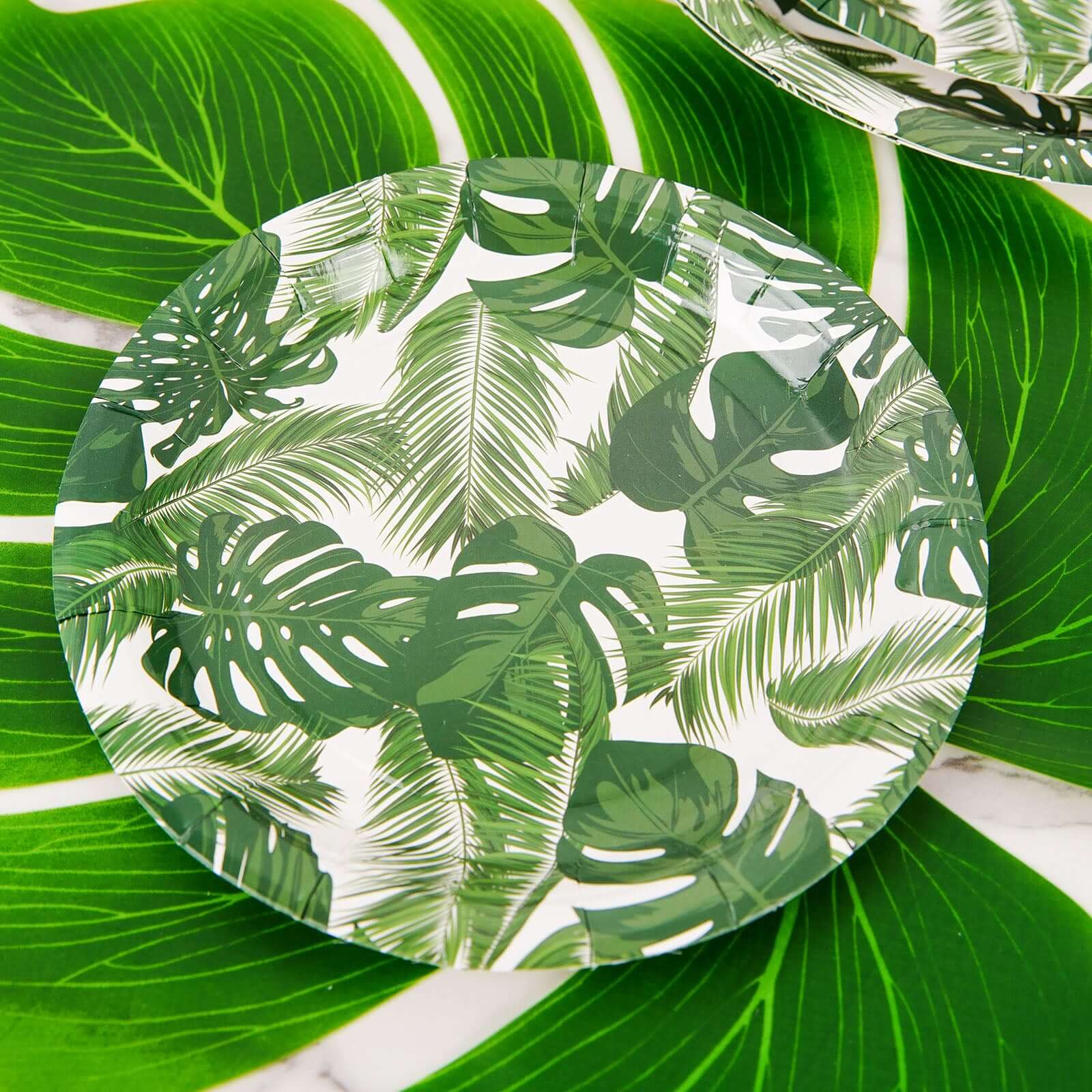 25-Pack Paper Round Dessert Plates 7" White with Tropical Palm Leaf Design - 300GSM Disposable Appetizer Salad Plates for Luau & Summer Gatherings - Image 9