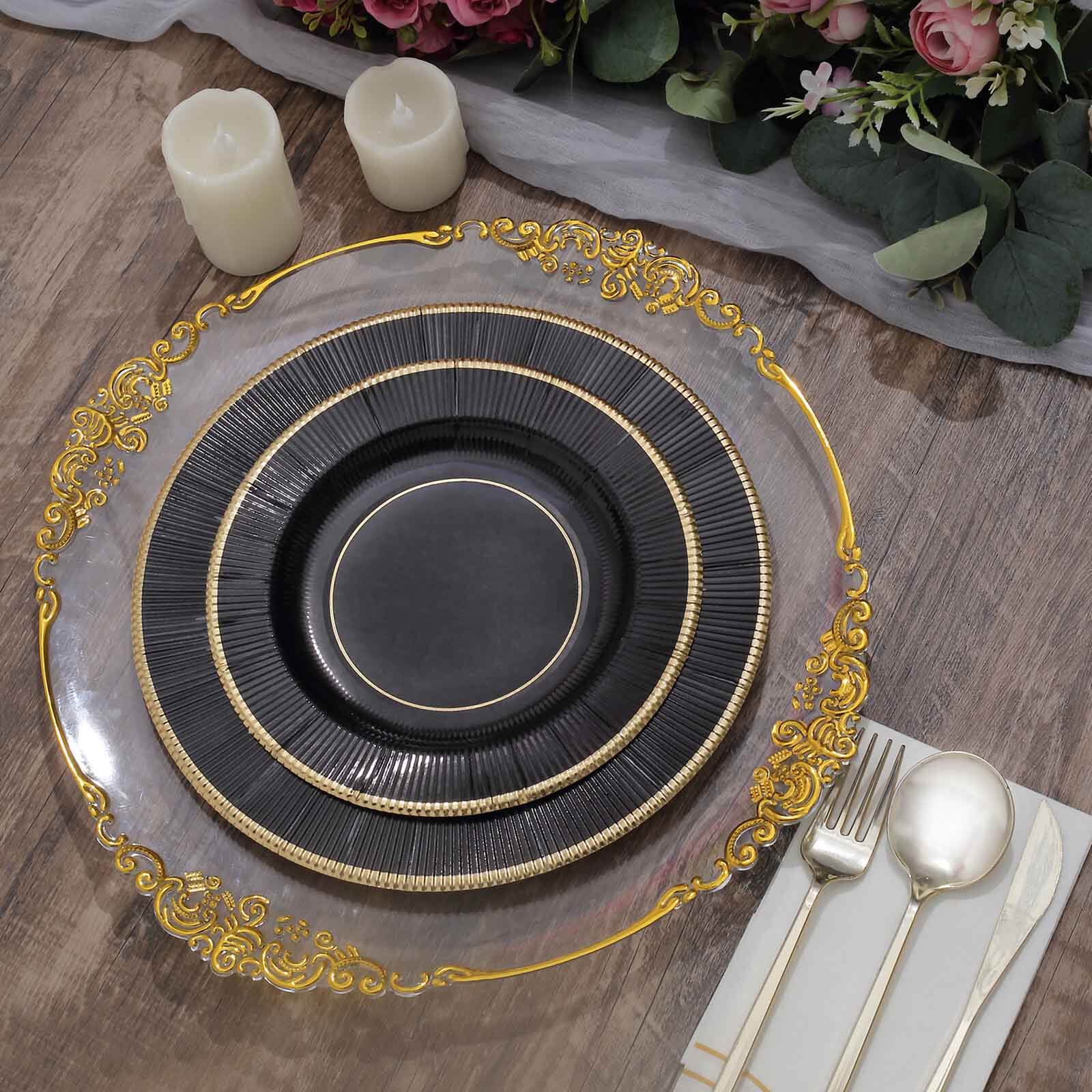 25-Pack Paper Round Dessert Plates 8" Black Sunray Design with Gold Rim - 350GSM Heavy Duty Disposable Appetizer Salad Plates - Image 2