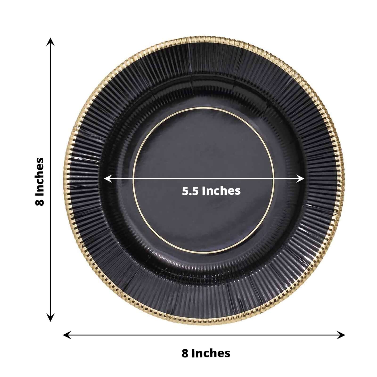 25-Pack Paper Round Dessert Plates 8" Black Sunray Design with Gold Rim - 350GSM Heavy Duty Disposable Appetizer Salad Plates - Image 3