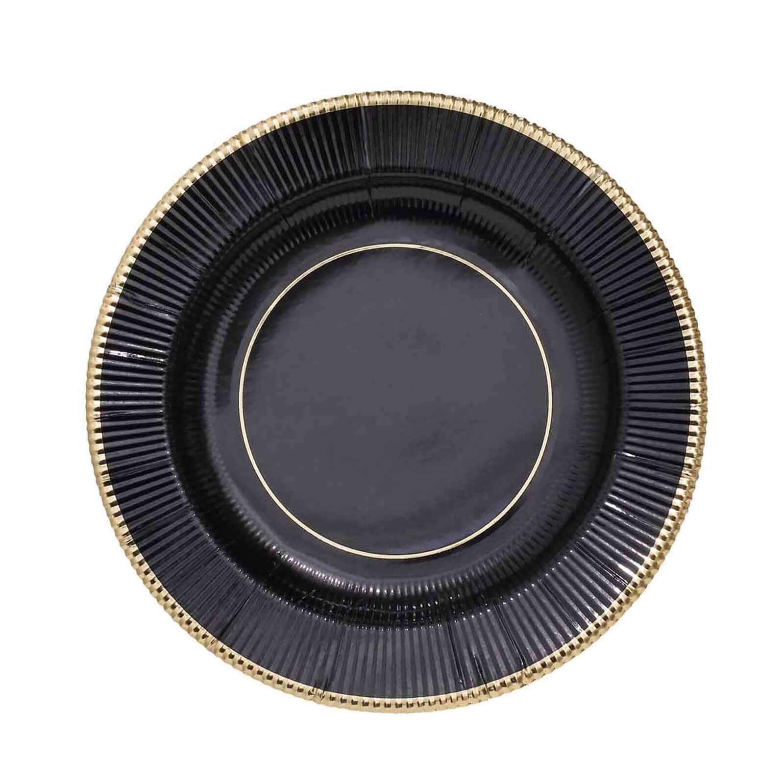 25-Pack Paper Round Dessert Plates 8" Black Sunray Design with Gold Rim - 350GSM Heavy Duty Disposable Appetizer Salad Plates - Image 7