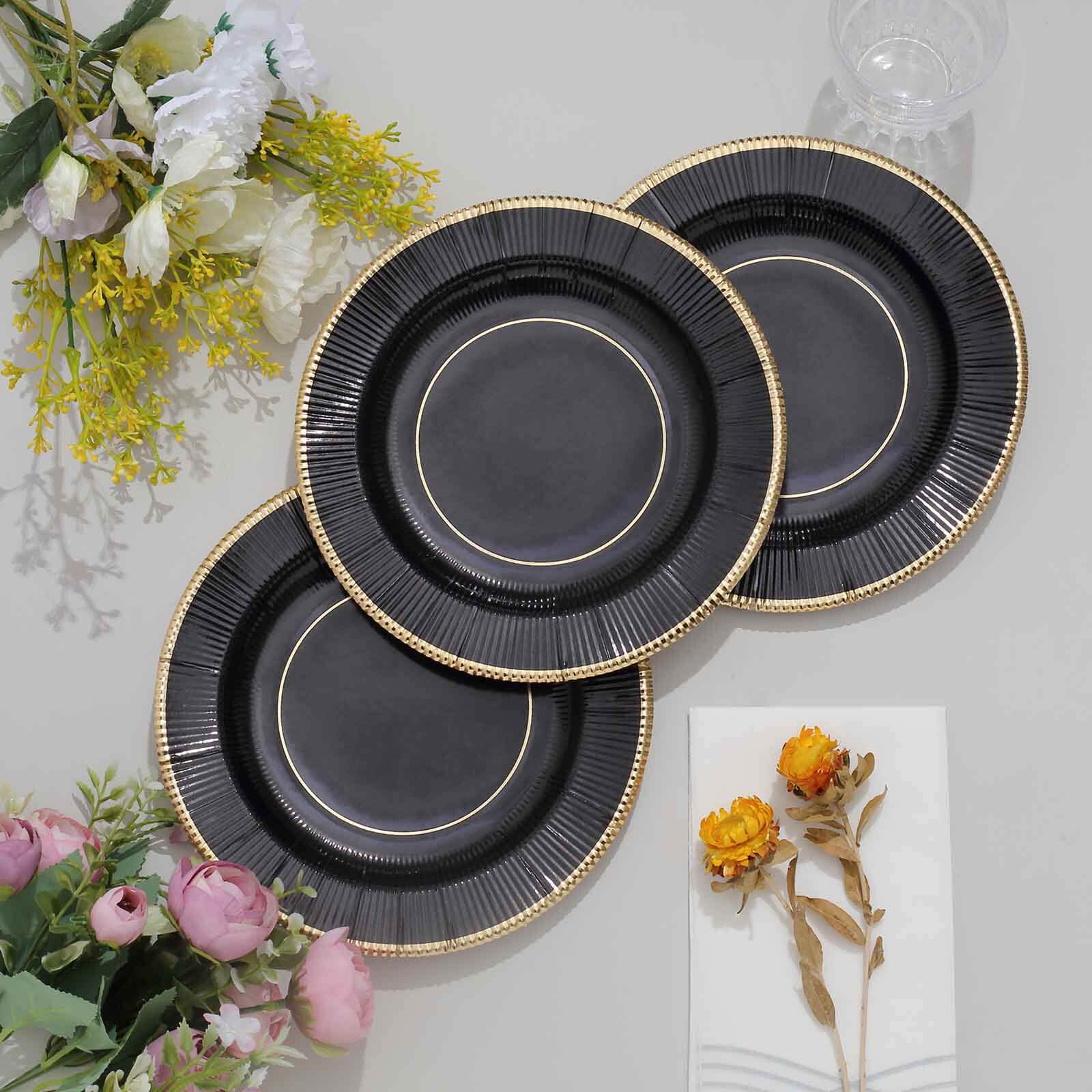 25-Pack Paper Round Dessert Plates 8" Black Sunray Design with Gold Rim - 350GSM Heavy Duty Disposable Appetizer Salad Plates - Image 9