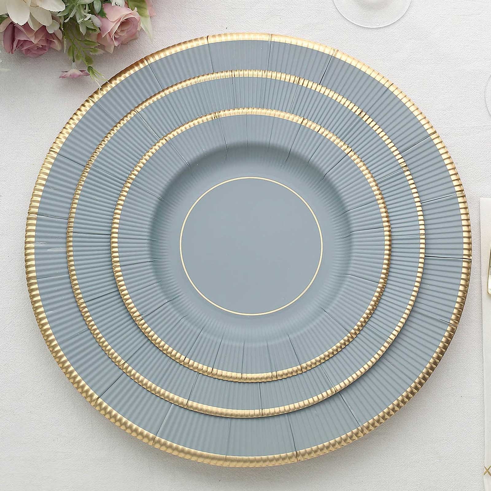 25-Pack Paper Round Dessert Plates 8" Dusty Blue Sunray Design with Gold Rim - 350GSM Heavy Duty Disposable Appetizer Salad Plates