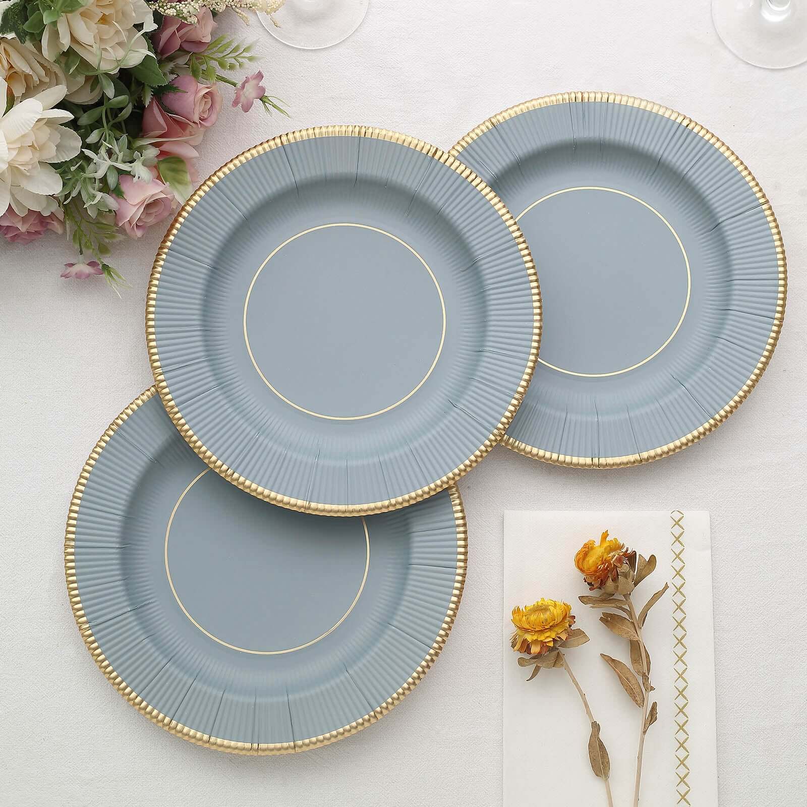 25-Pack Paper Round Dessert Plates 8" Dusty Blue Sunray Design with Gold Rim - 350GSM Heavy Duty Disposable Appetizer Salad Plates - Image 10