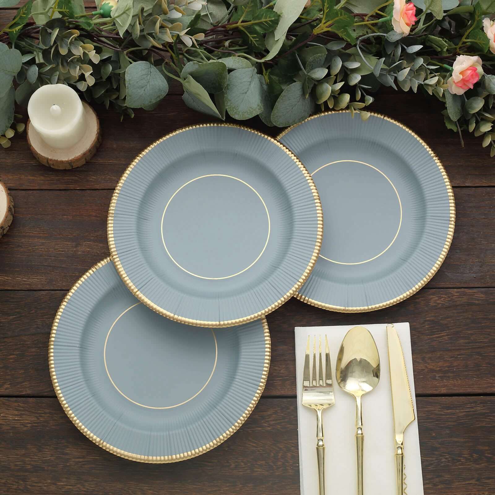 25-Pack Paper Round Dessert Plates 8" Dusty Blue Sunray Design with Gold Rim - 350GSM Heavy Duty Disposable Appetizer Salad Plates - Image 11