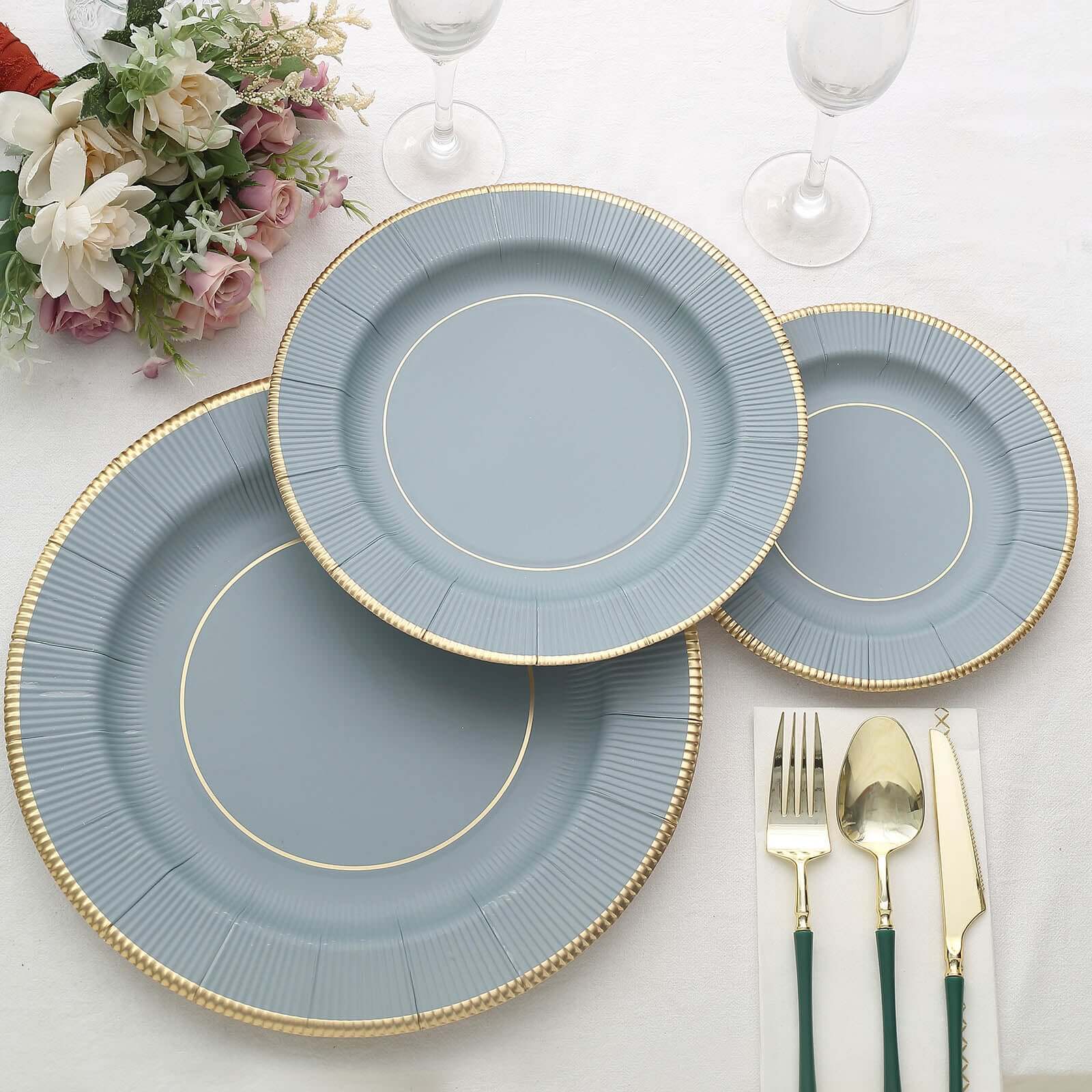 25-Pack Paper Round Dessert Plates 8" Dusty Blue Sunray Design with Gold Rim - 350GSM Heavy Duty Disposable Appetizer Salad Plates - Image 12