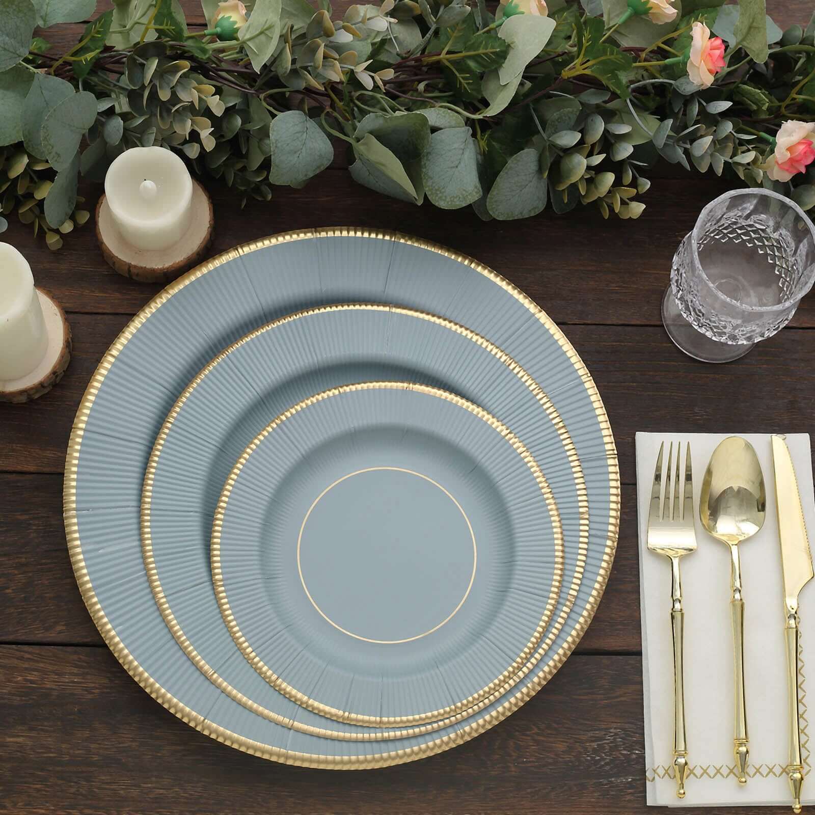 25-Pack Paper Round Dessert Plates 8" Dusty Blue Sunray Design with Gold Rim - 350GSM Heavy Duty Disposable Appetizer Salad Plates - Image 13