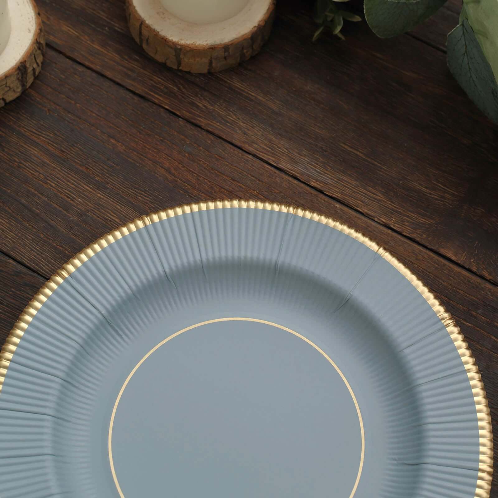 25-Pack Paper Round Dessert Plates 8" Dusty Blue Sunray Design with Gold Rim - 350GSM Heavy Duty Disposable Appetizer Salad Plates - Image 15