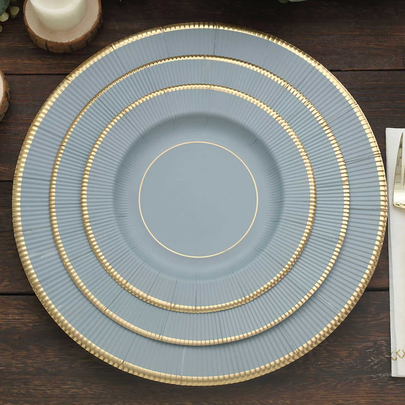 25-Pack Paper Round Dessert Plates 8" Dusty Blue Sunray Design with Gold Rim - 350GSM Heavy Duty Disposable Appetizer Salad Plates - Image 6