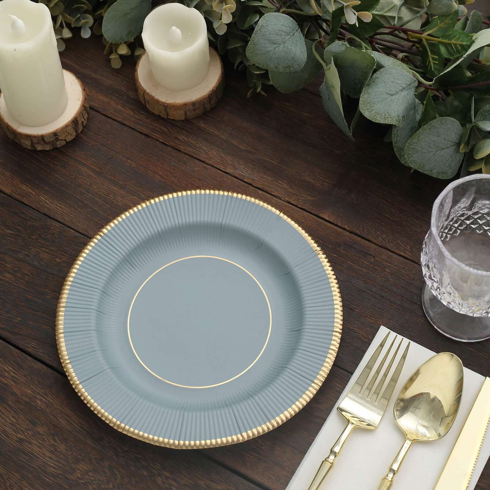 25-Pack Paper Round Dessert Plates 8" Dusty Blue Sunray Design with Gold Rim - 350GSM Heavy Duty Disposable Appetizer Salad Plates - Image 7