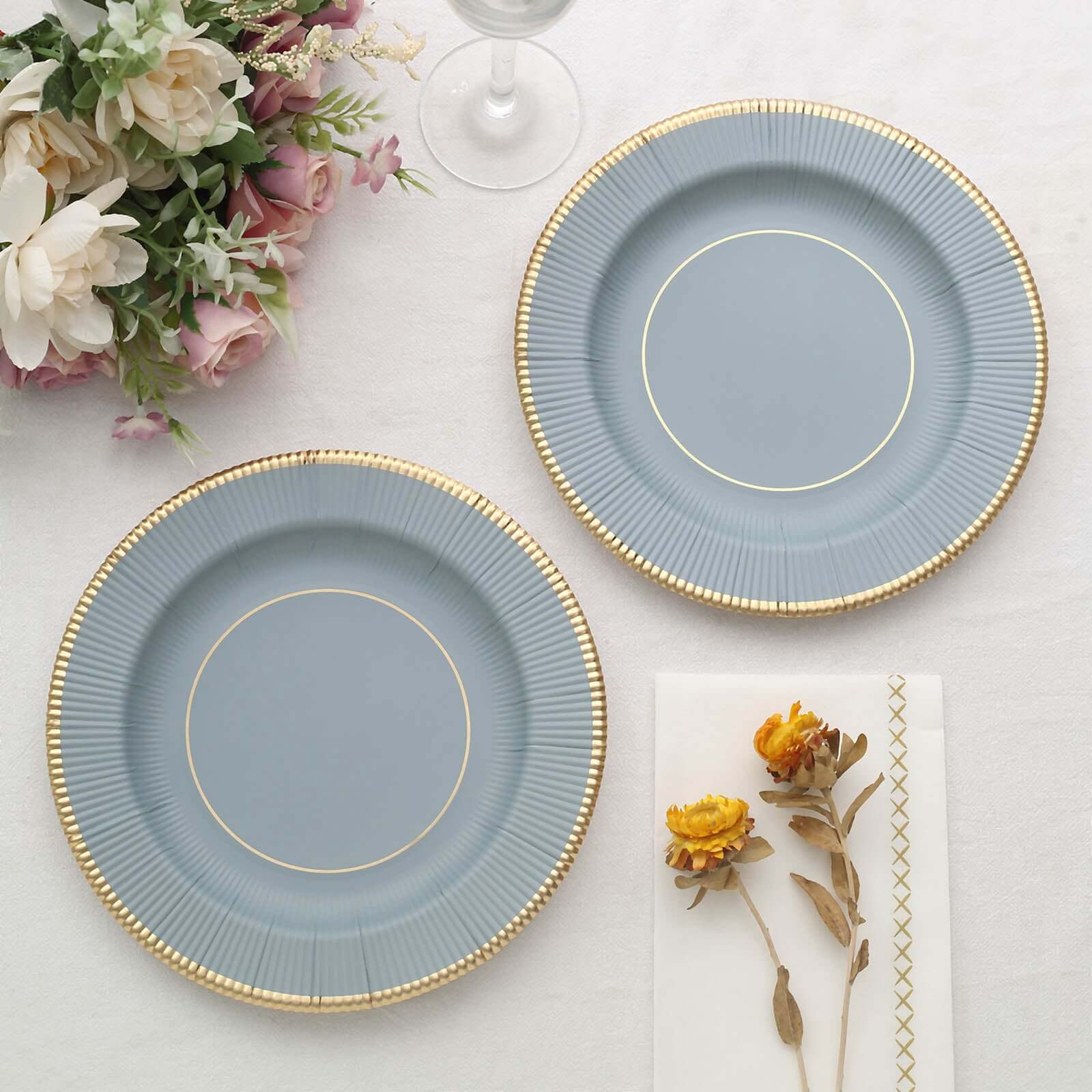 25-Pack Paper Round Dessert Plates 8" Dusty Blue Sunray Design with Gold Rim - 350GSM Heavy Duty Disposable Appetizer Salad Plates - Image 9