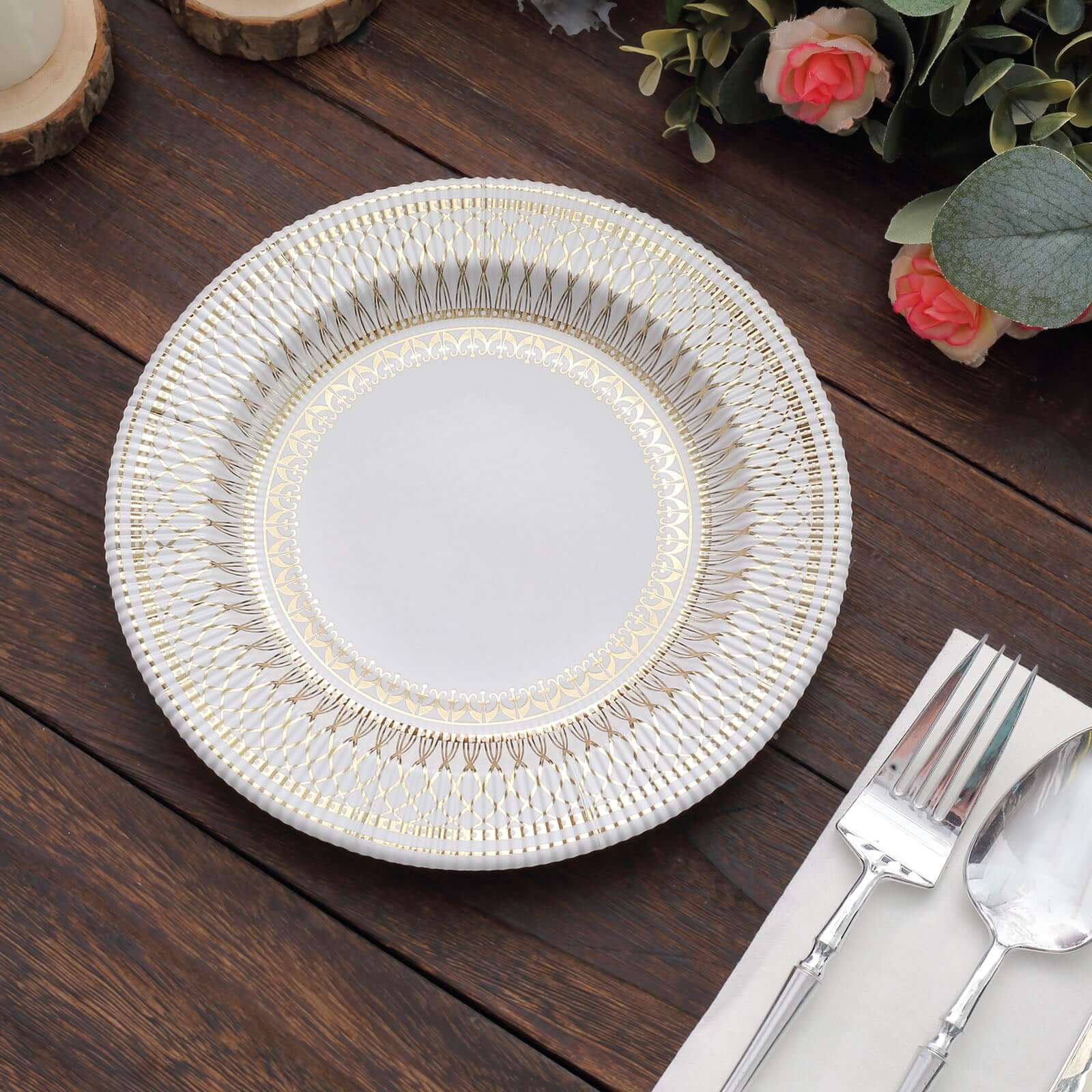 25-Pack Paper Round Dessert Plates 8" Gold And White Vintage Porcelain Style - 300GSM Heavy Duty Disposable Salad Appetizer Plates for Classy Themes & Celebrations - Image 4