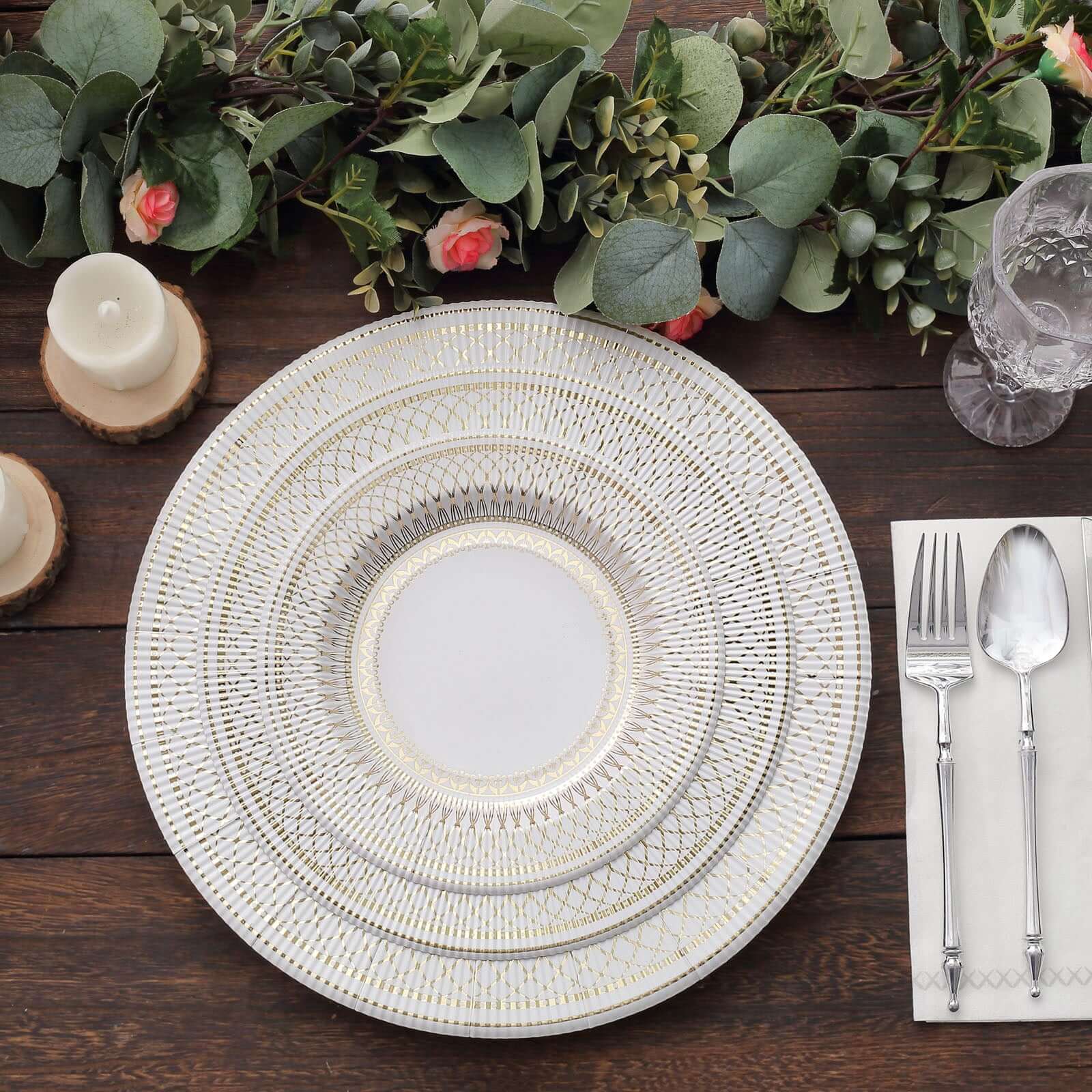 25-Pack Paper Round Dessert Plates 8" Gold And White Vintage Porcelain Style - 300GSM Heavy Duty Disposable Salad Appetizer Plates for Classy Themes & Celebrations - Image 6