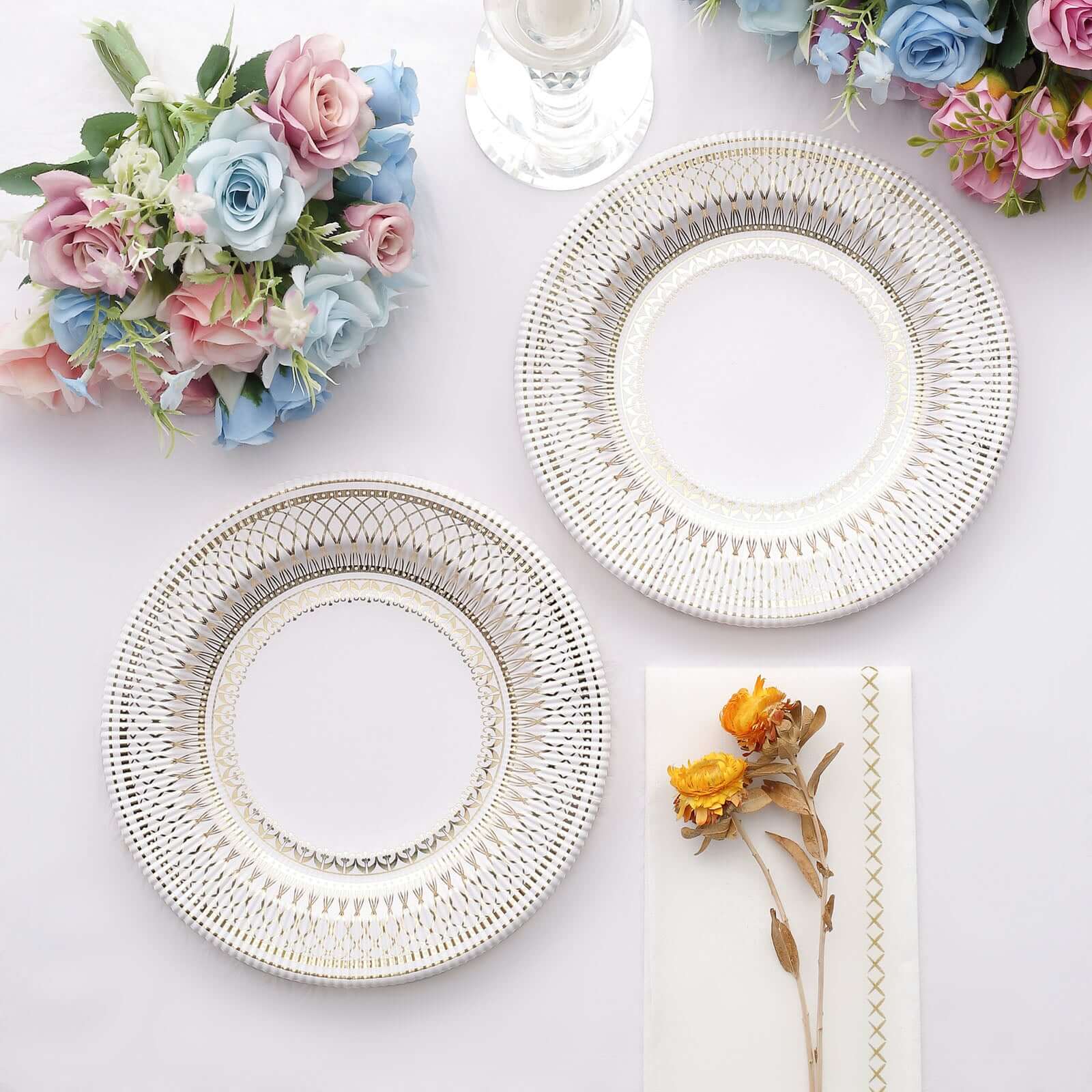 25-Pack Paper Round Dessert Plates 8" Gold And White Vintage Porcelain Style - 300GSM Heavy Duty Disposable Salad Appetizer Plates for Classy Themes & Celebrations - Image 8