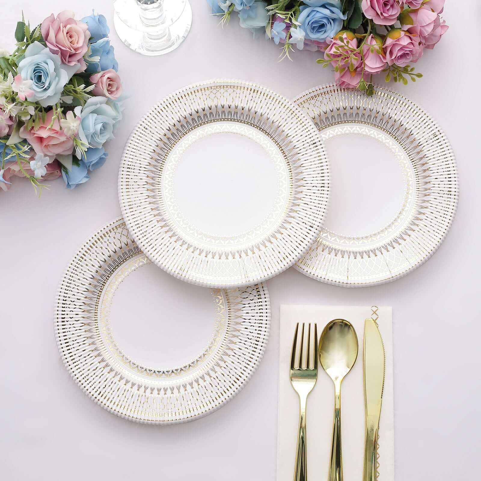 25-Pack Paper Round Dessert Plates 8" Gold And White Vintage Porcelain Style - 300GSM Heavy Duty Disposable Salad Appetizer Plates for Classy Themes & Celebrations - Image 9