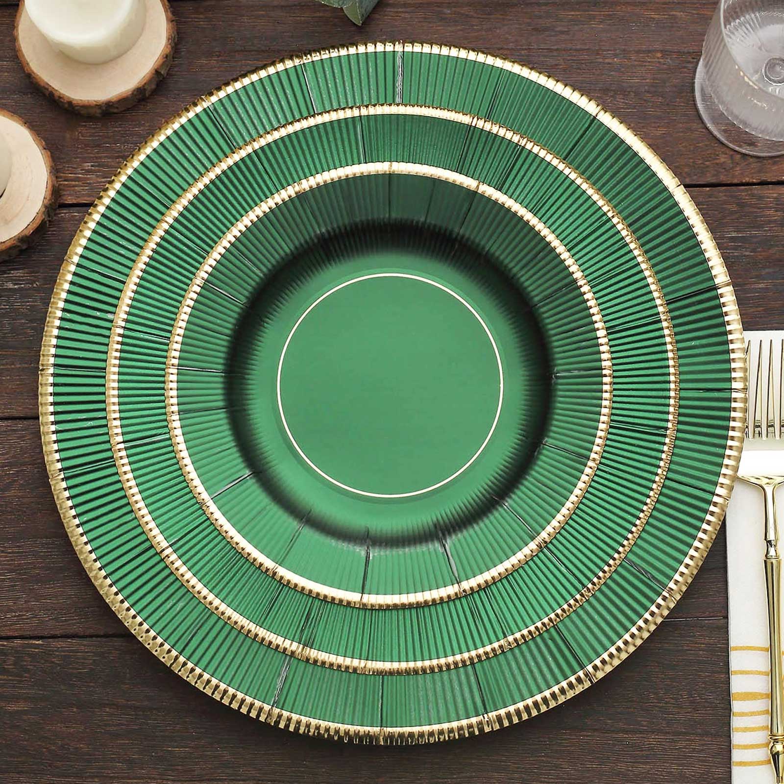 25-Pack Paper Round Dessert Plates 8" Hunter Emerald Green Sunray Design with Gold Rim - 350GSM Heavy Duty Disposable Appetizer Salad Plates
