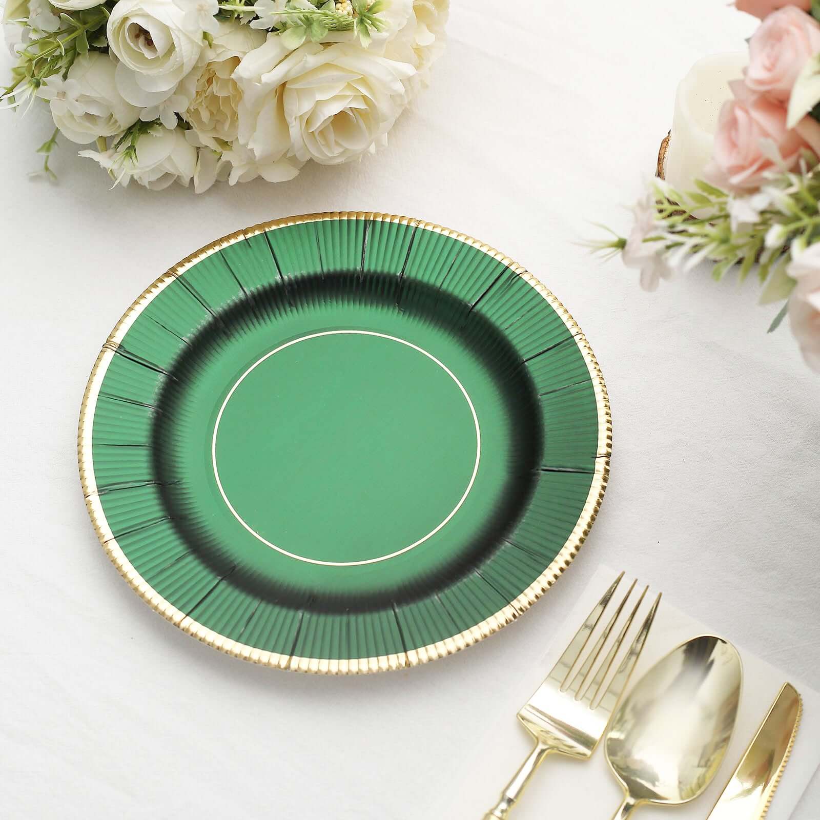 25-Pack Paper Round Dessert Plates 8" Hunter Emerald Green Sunray Design with Gold Rim - 350GSM Heavy Duty Disposable Appetizer Salad Plates - Image 10
