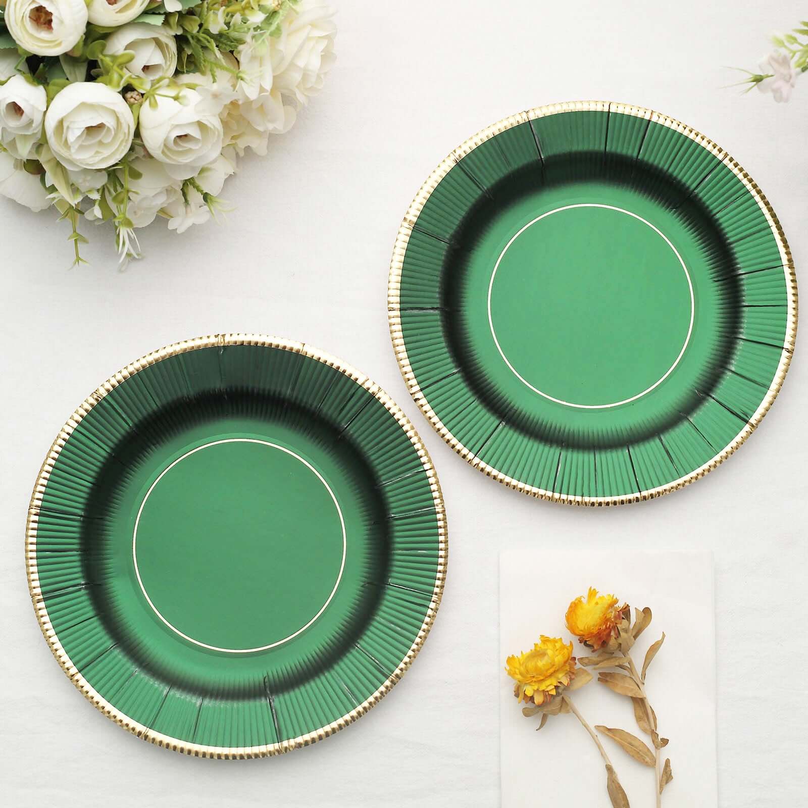 25-Pack Paper Round Dessert Plates 8" Hunter Emerald Green Sunray Design with Gold Rim - 350GSM Heavy Duty Disposable Appetizer Salad Plates - Image 11