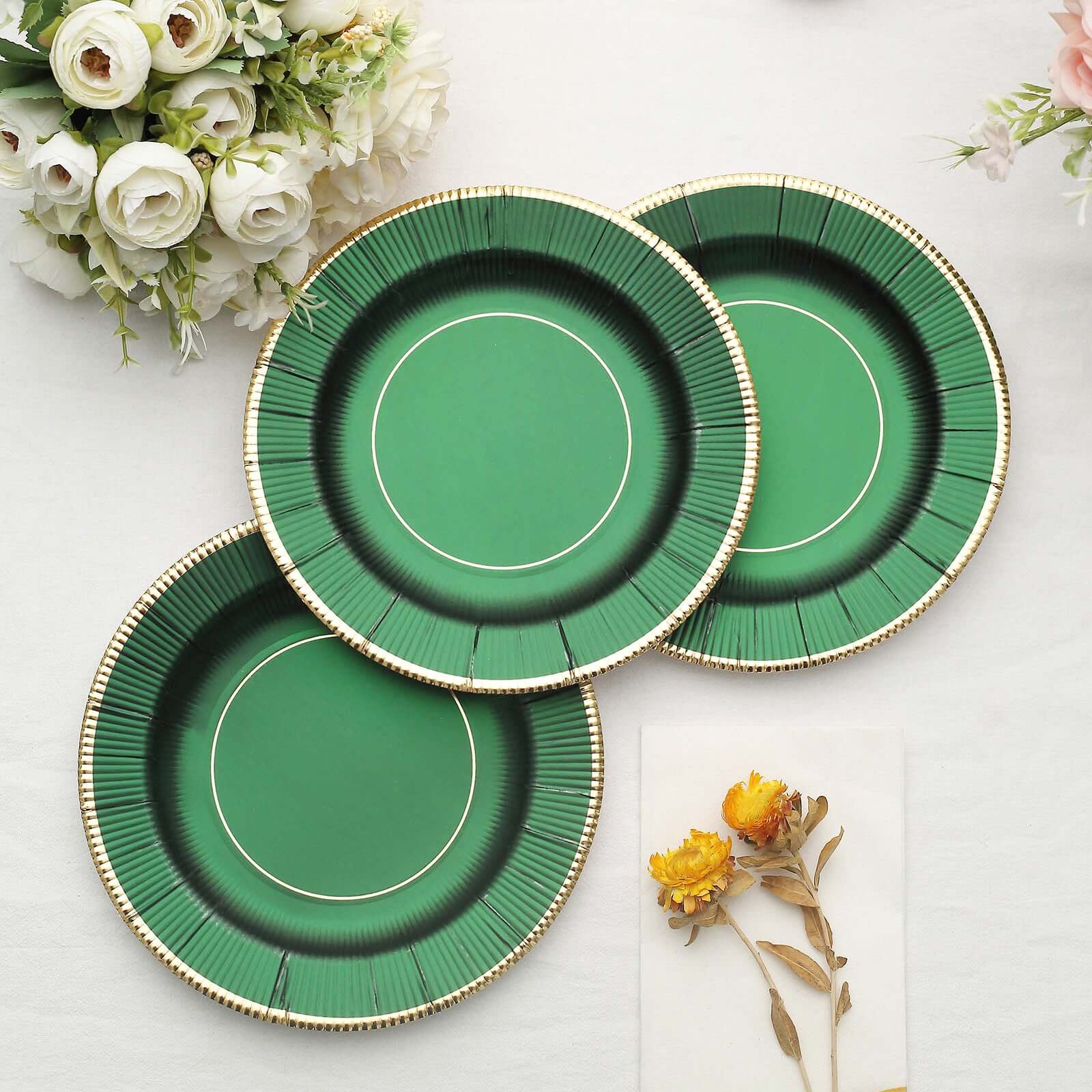 25-Pack Paper Round Dessert Plates 8" Hunter Emerald Green Sunray Design with Gold Rim - 350GSM Heavy Duty Disposable Appetizer Salad Plates - Image 12
